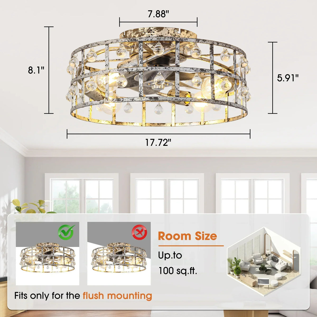 18 Inch Retro Silver Crystal Flush Mount Ceiling Fan with APP Remote Control and Lighting