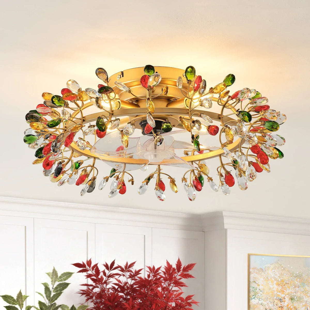 23" Clara Golden Crystal Flush Mount Ceiling Fan with Light and Remote