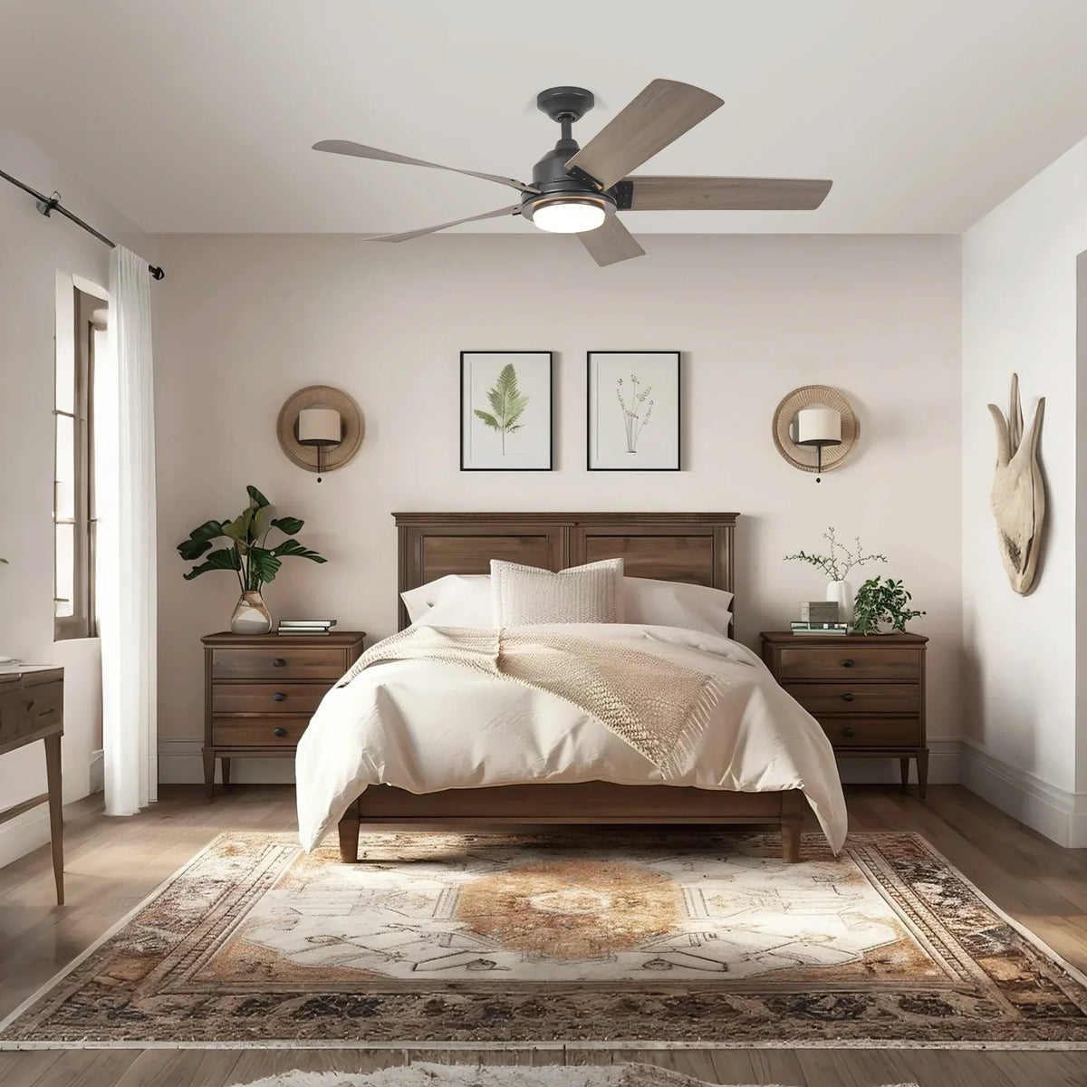 Modern ceiling fan with grey blades and integrated light fixture in a bedroom