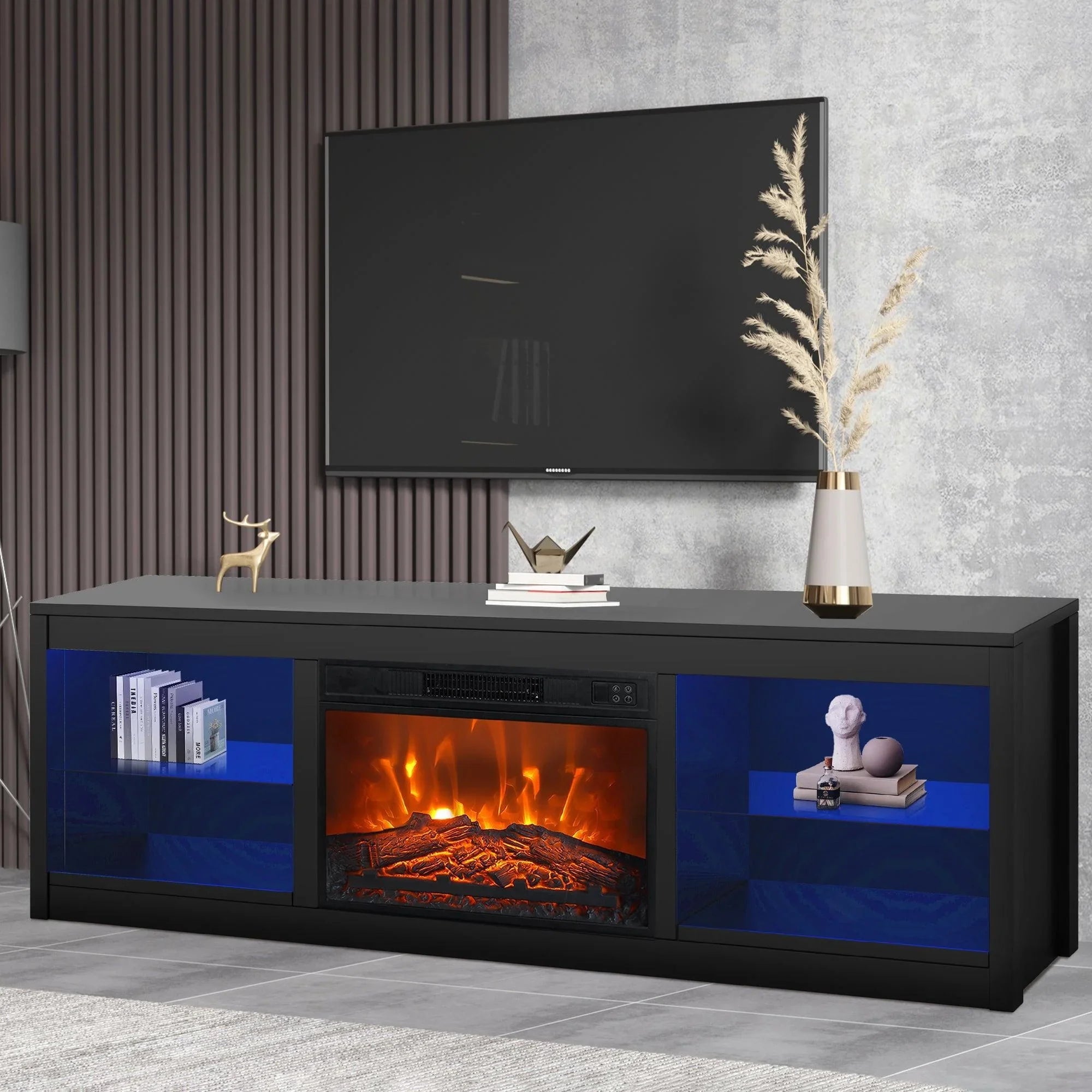 Modern 66" LED TV Stand with 23" Insert Electric Fireplace for Living Room