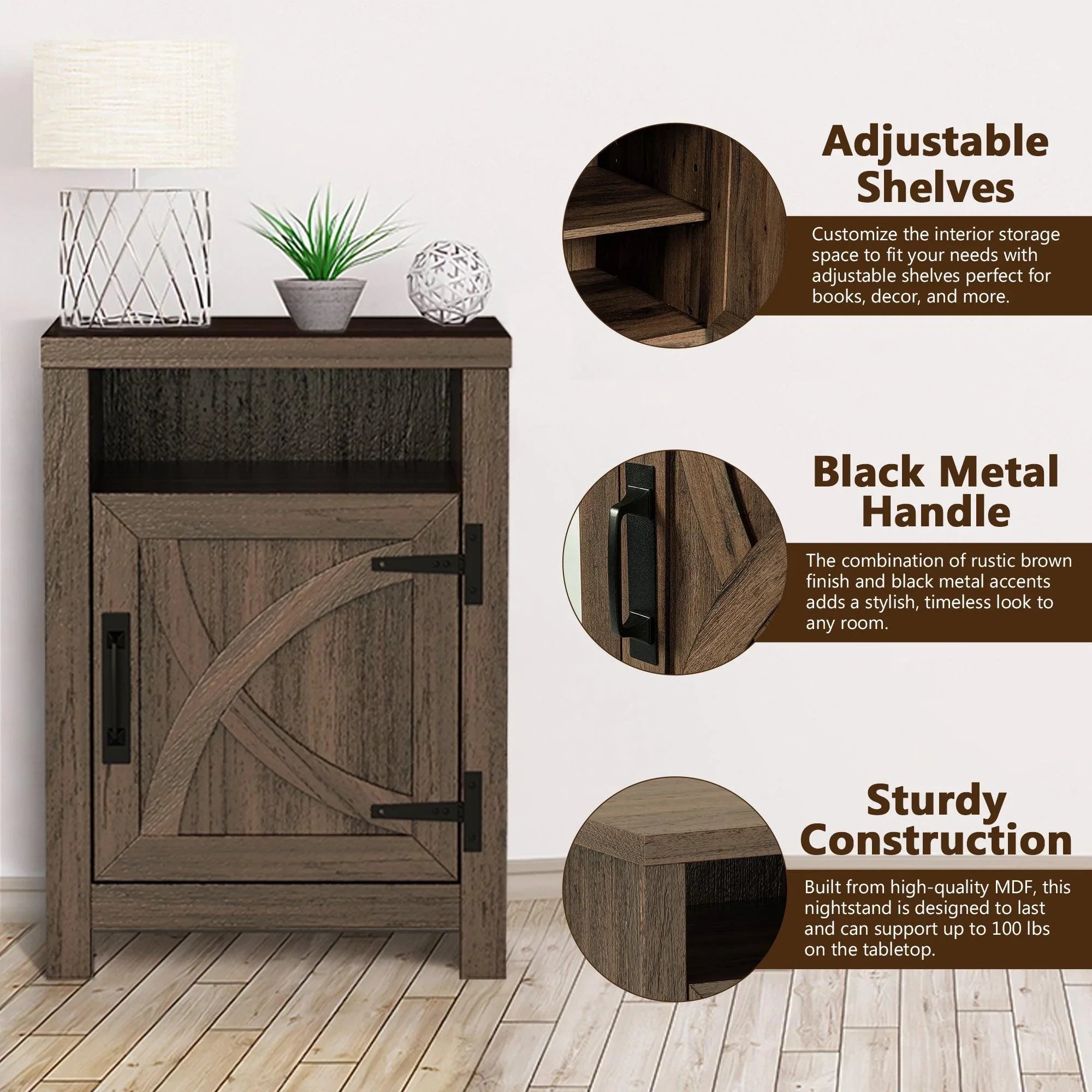 18" Solid Wood Farmhouse Nightstand for Bedroom in Brown or Grey or White