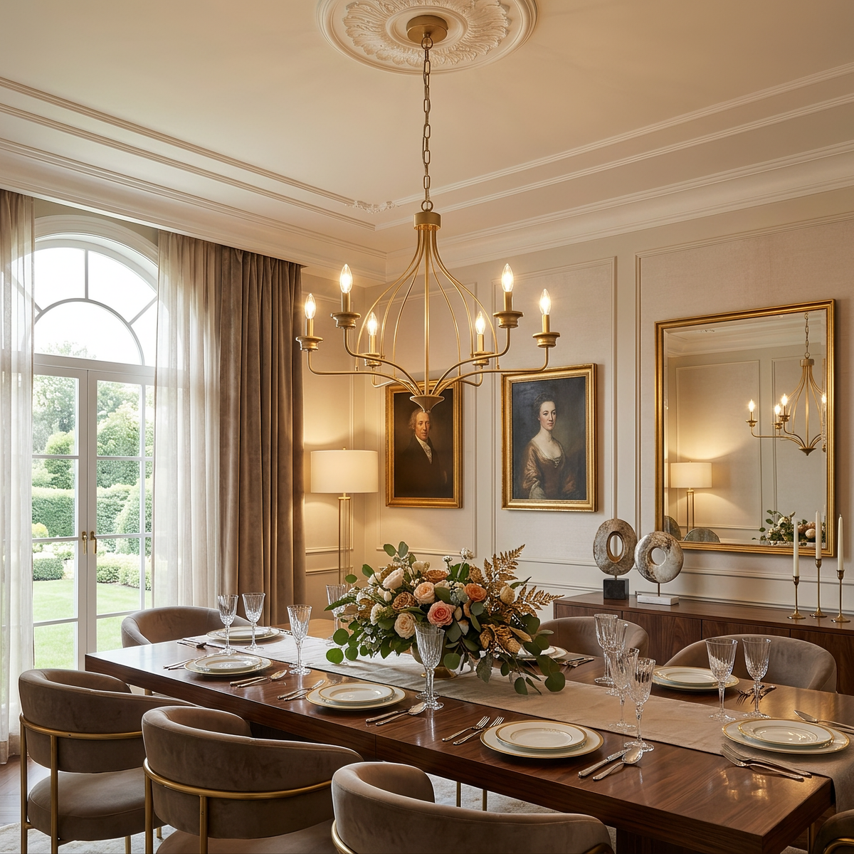 Elegant gold chandelier hanging over a formal dining table in a classic interior