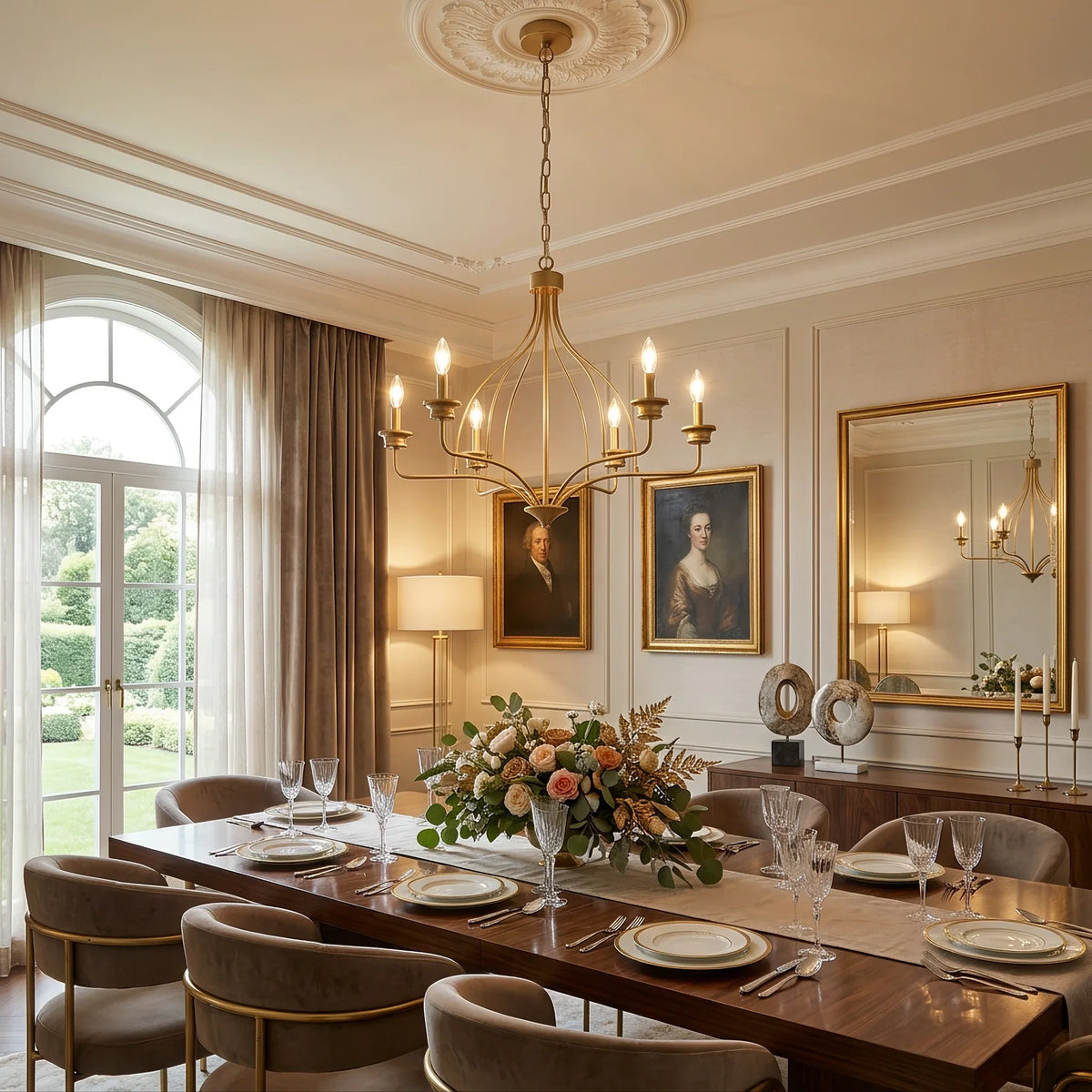 Elegant gold chandelier hanging over a formal dining table in a classic interior