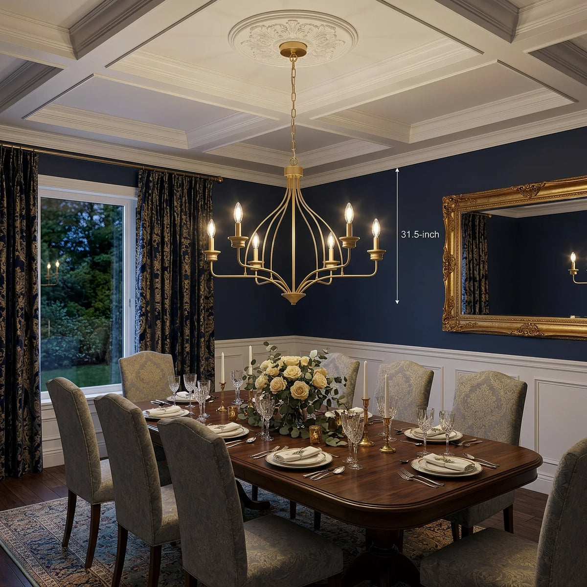 Elegant gold chandelier hanging over a set formal dining table in a navy blue room