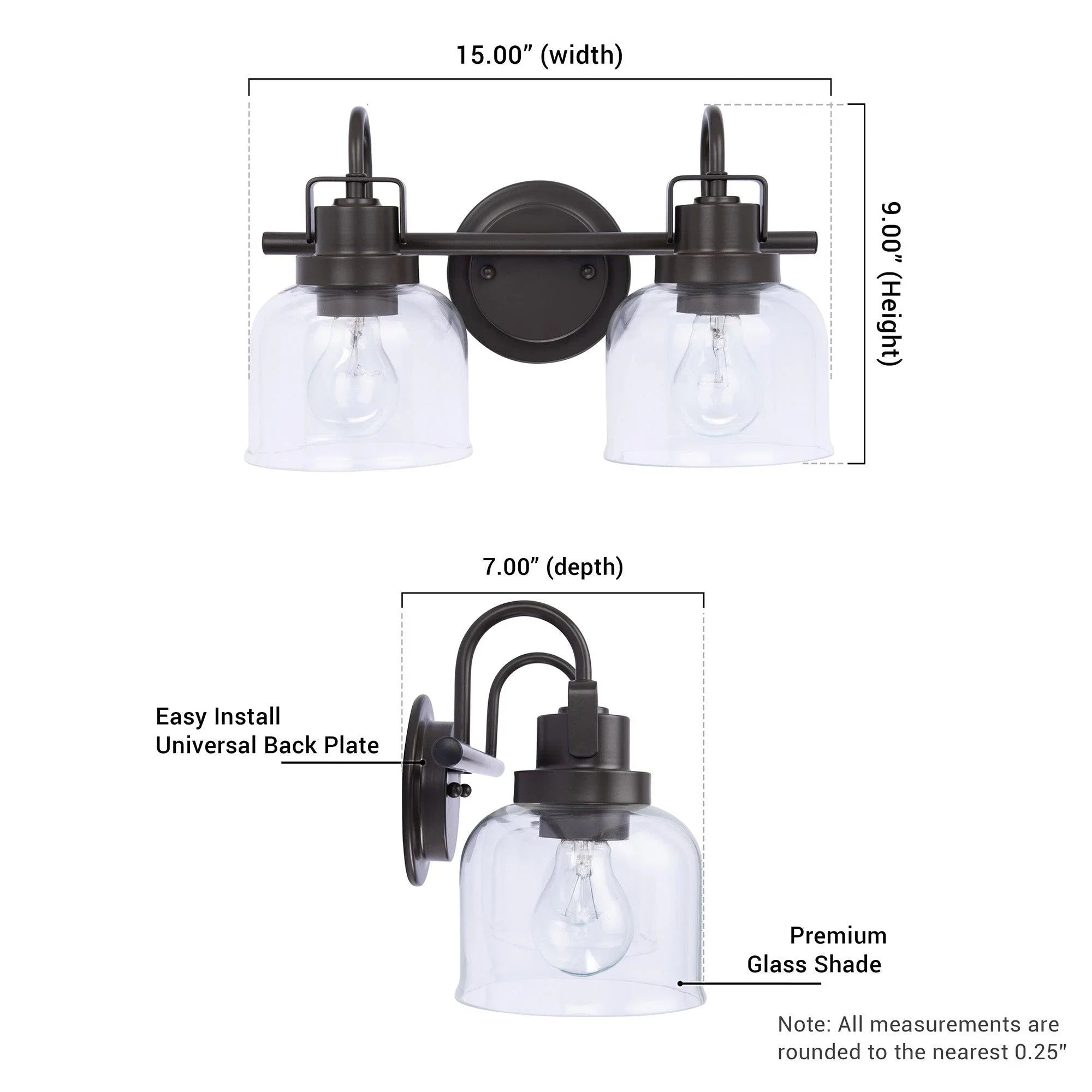 Brighton 2-Light Dark Bronze Dimmable Bathroom Vanity Light
