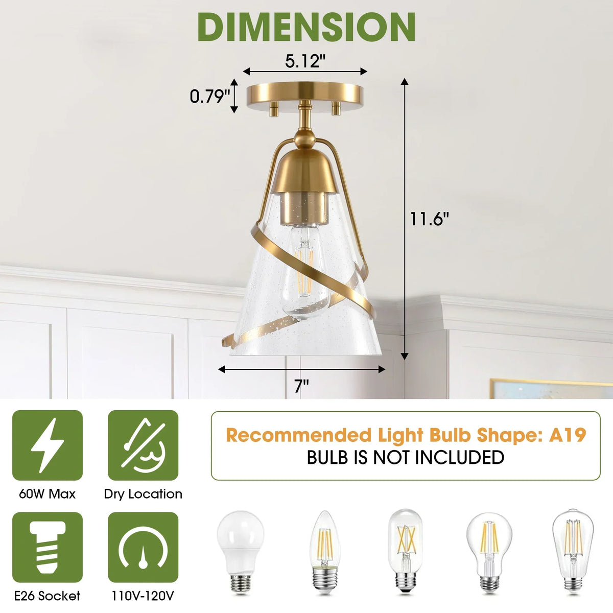 7 Inch Walker 1-Light Semi-Flush Mount Ceiling Light
