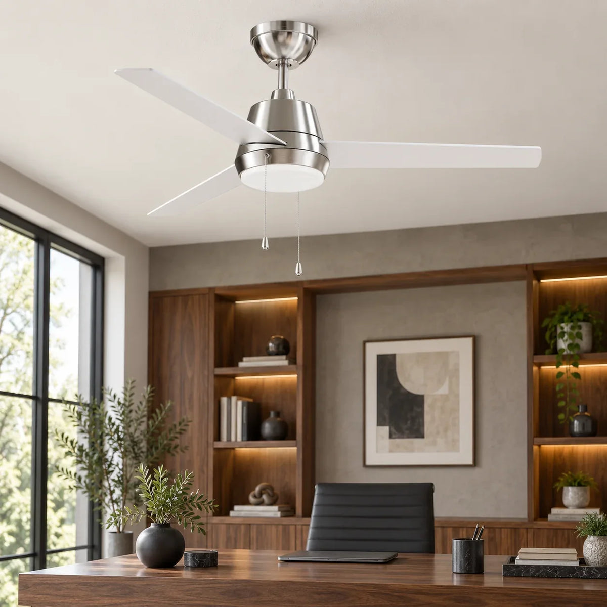 52 Inch Lewis Satin Nickel Pull-Chain LED Ceiling Fans
