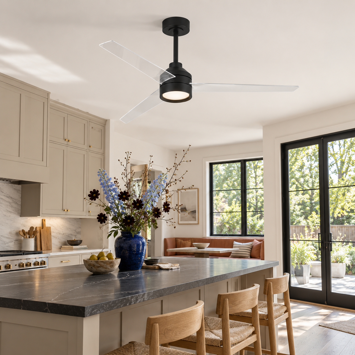 55" Xenia Black Downrod Mount LED Ceiling Fan with Clear Blades
