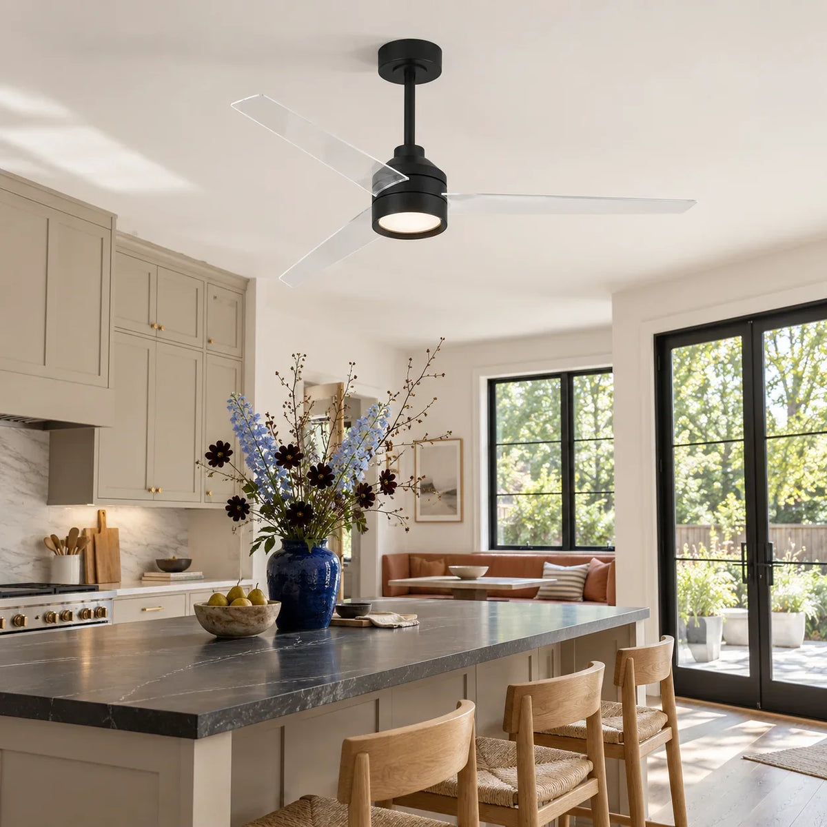 55" Xenia Black Downrod Mount LED Ceiling Fan with Clear Blades