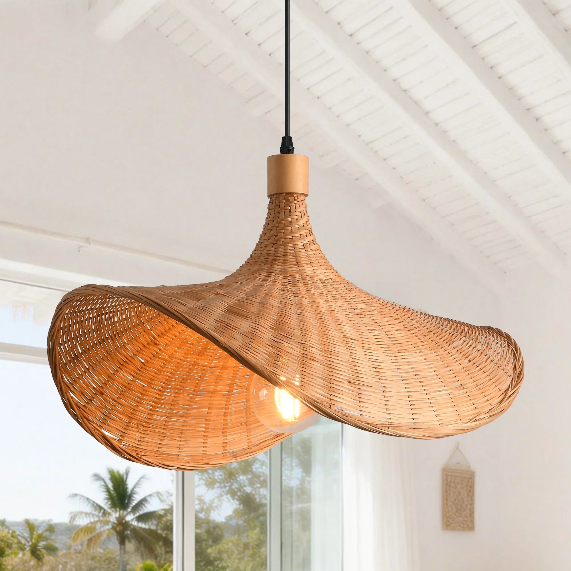 20" Werner Bohemian Handwoven Bamboo Island Pendant Light