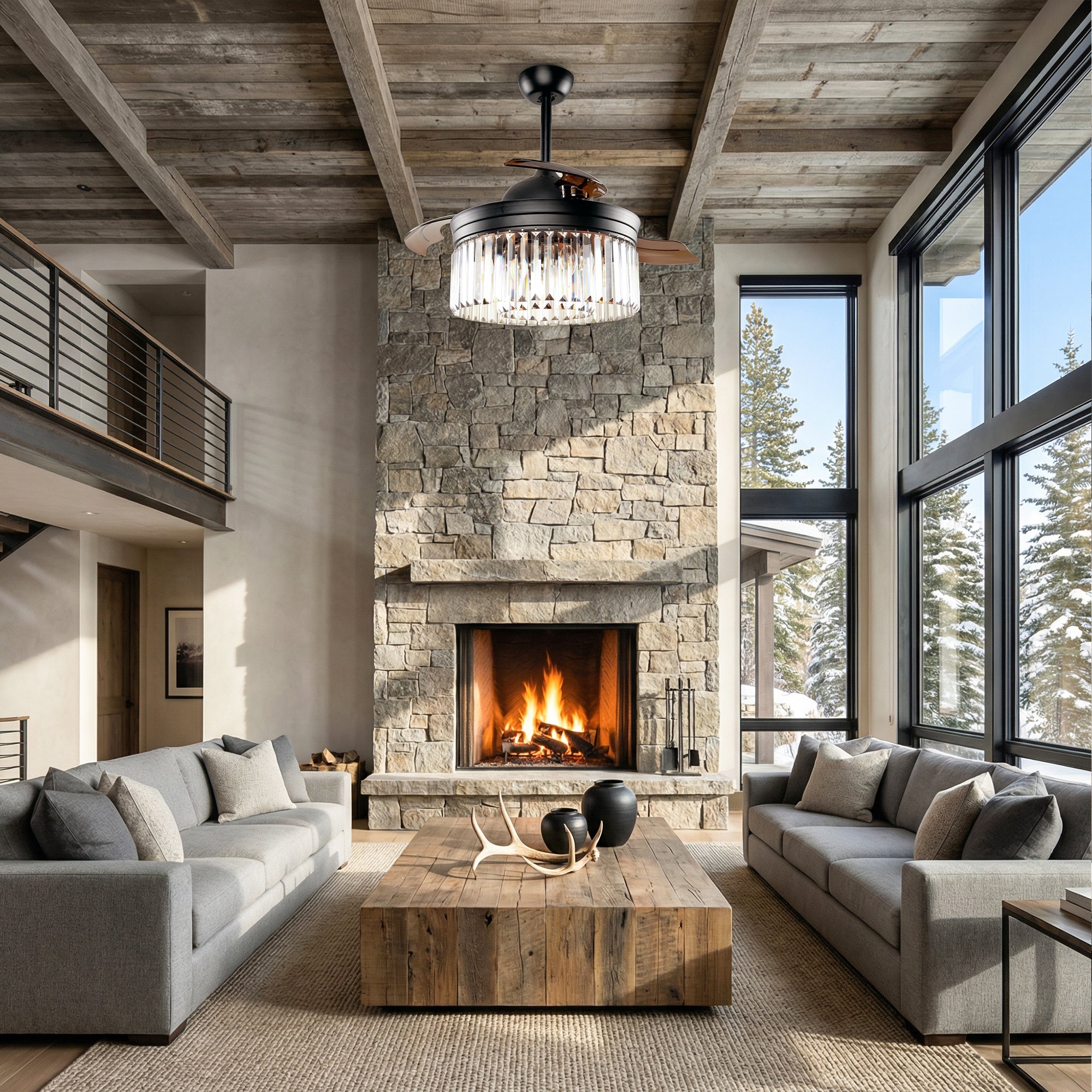 42" Modern Downrod Mount Crystal Ceiling Fan with Lighting and Remote Control