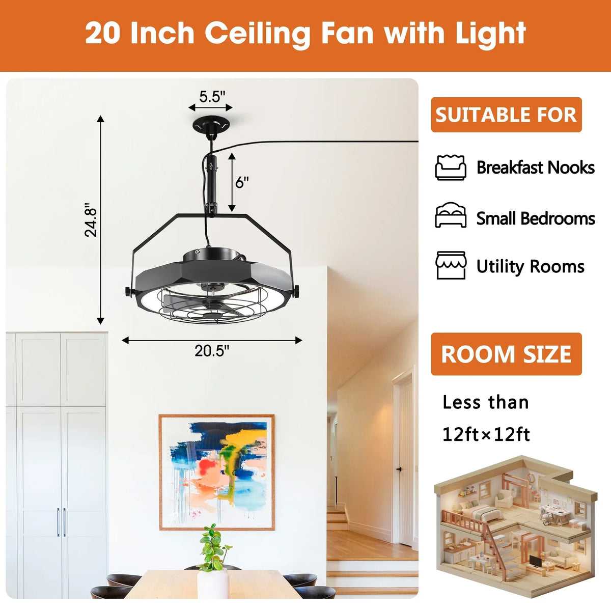 20 Inch Doris Downrod Fan Wall Mount Fan with LED Light and Remote Control