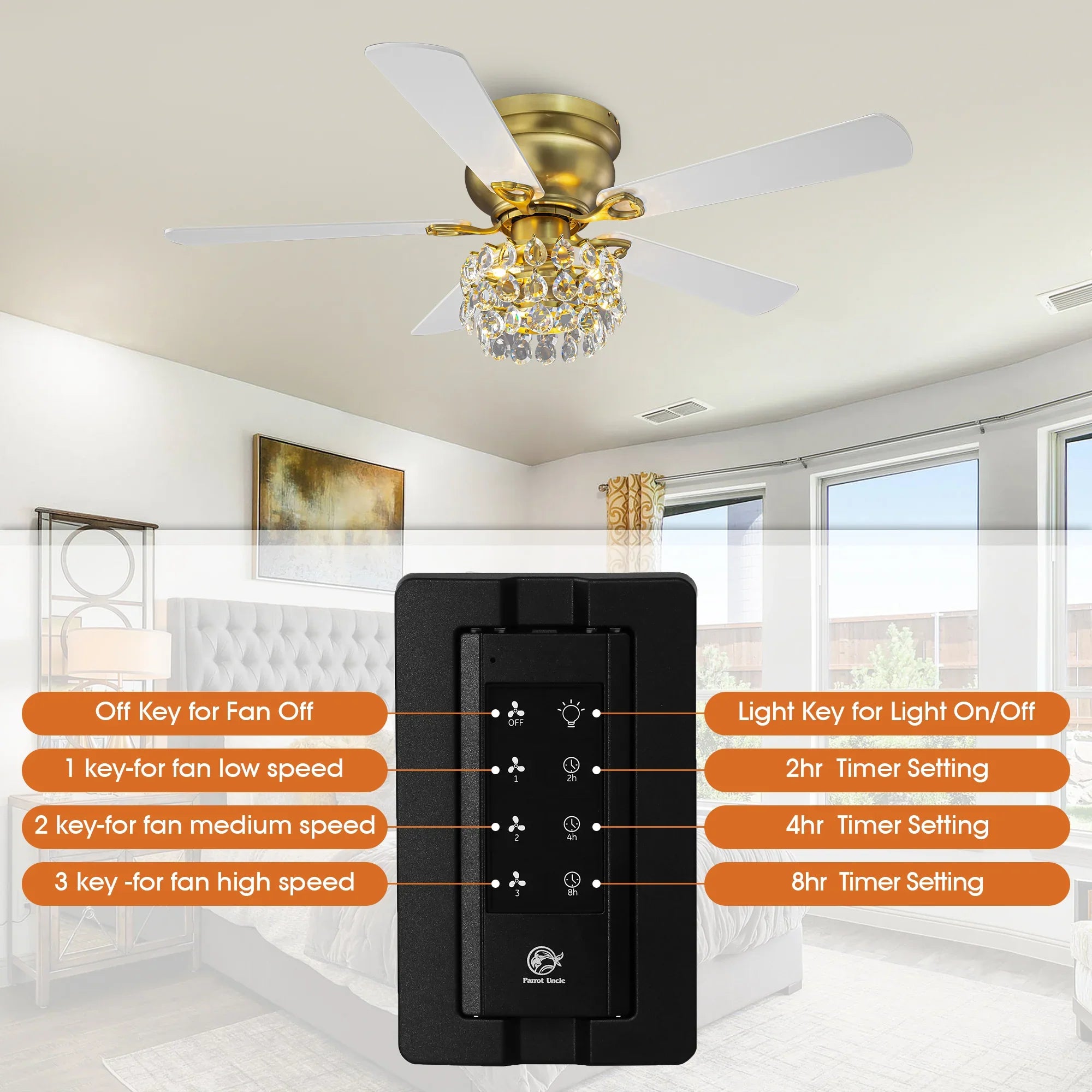 48 Inch Soft Brass Crystal Ornament Flush Mount Ceiling Fan with Light and Remote Control