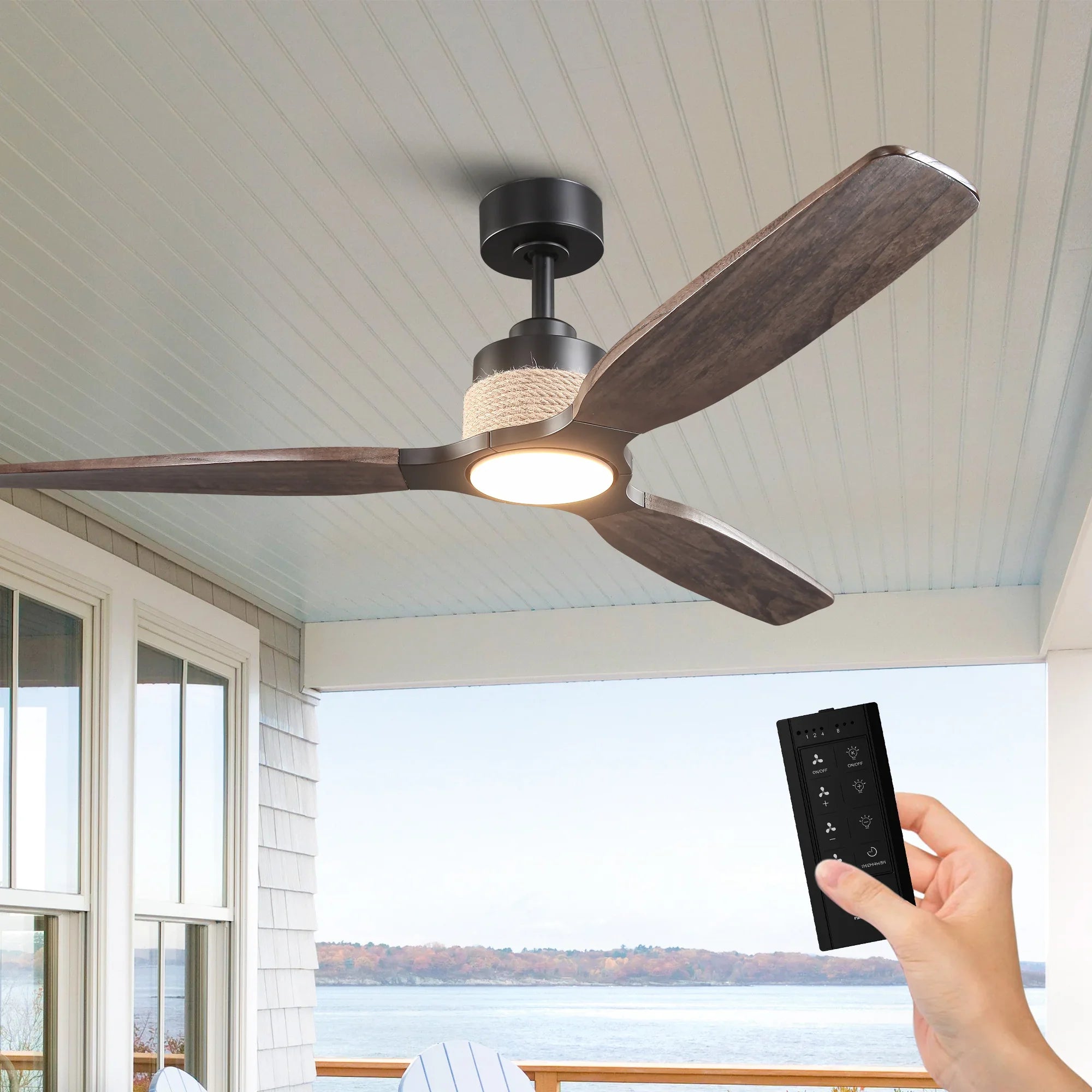 56 Inch Louise Downrod Mount LED Wood Blades Ceiling Fan with Remote Control