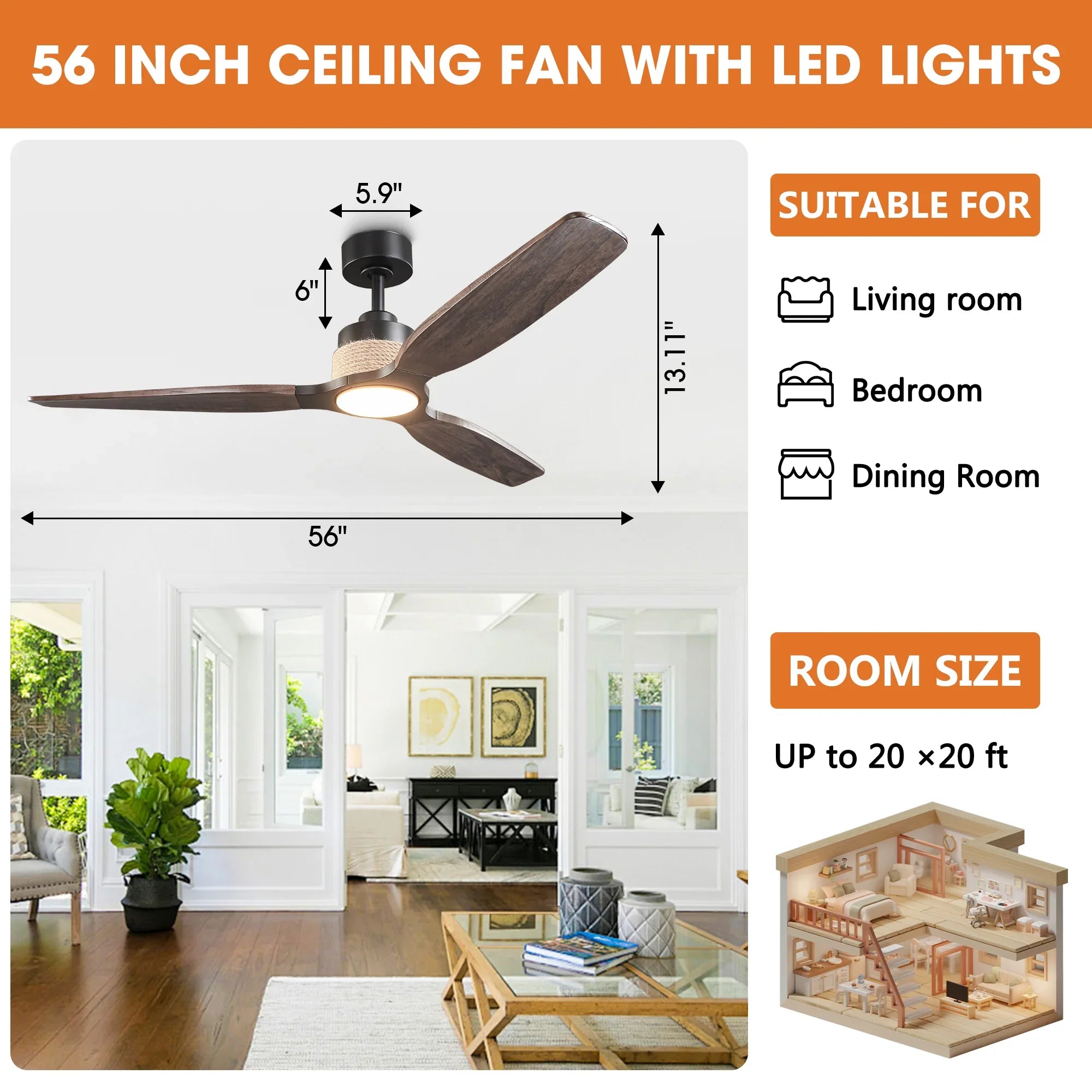 56 Inch Louise Downrod Mount LED Wood Blades Ceiling Fan with Remote Control