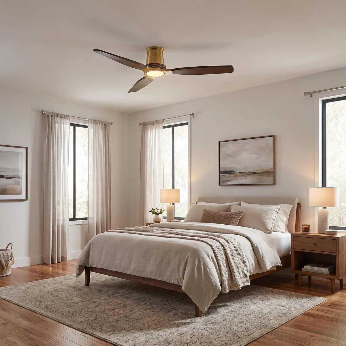 Modern ceiling fan with dark wood blades and gold finish in a neutral bedroom.