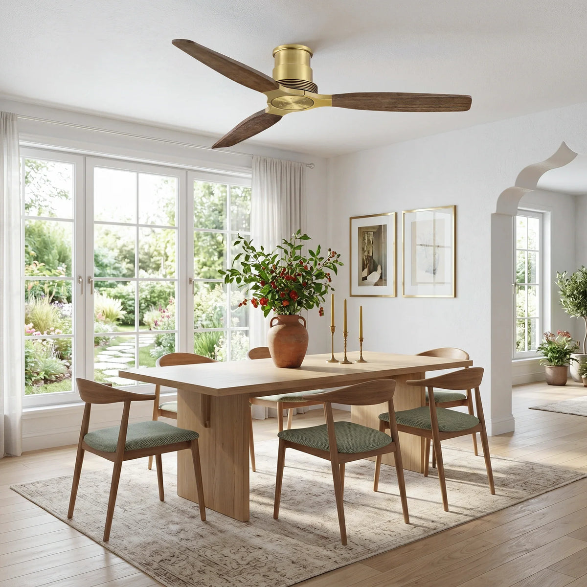 56" Soft Brass Solid Wood Blades Flush Mount Ceiling Fan