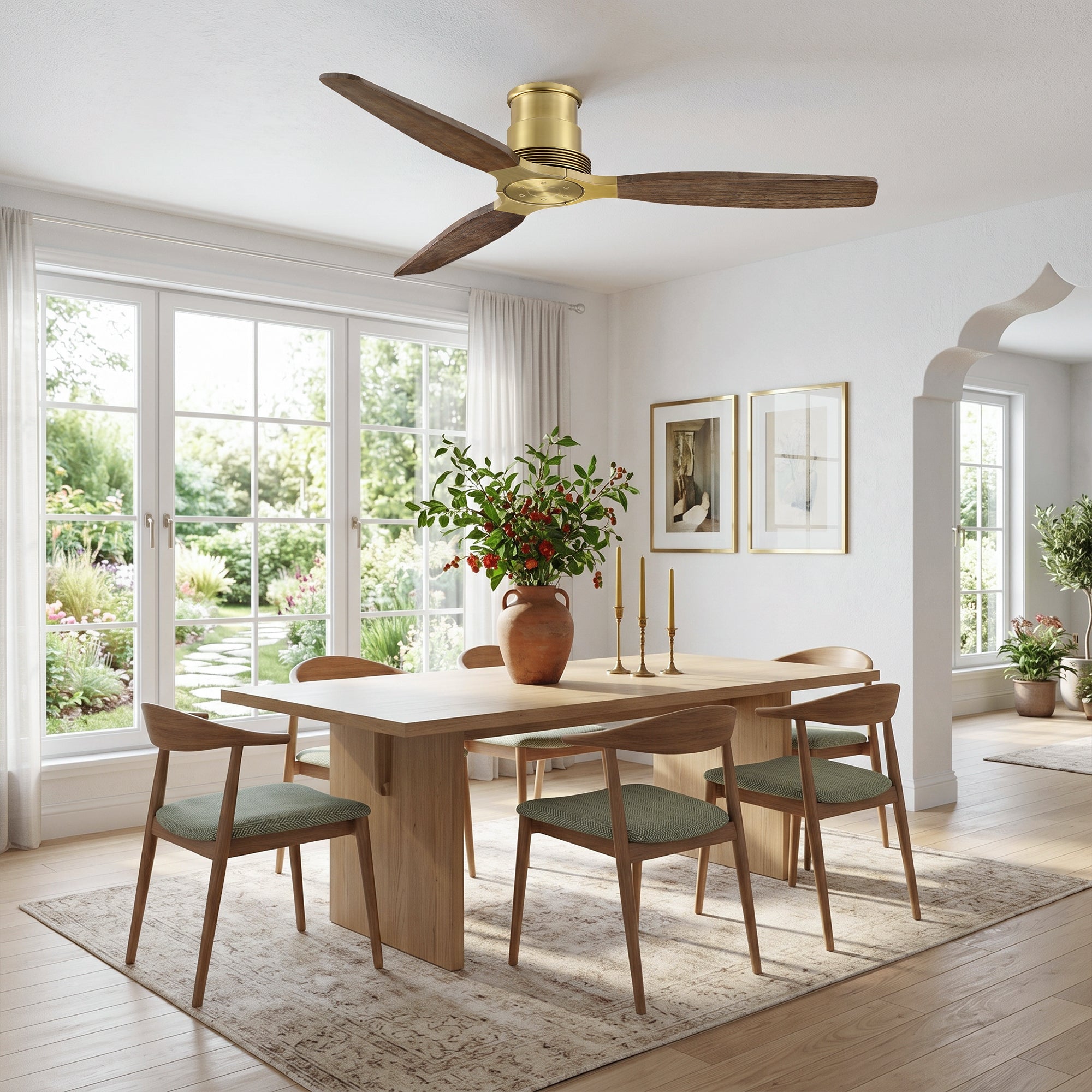 56" Soft Brass Solid Wood Blades Flush Mount Ceiling Fan