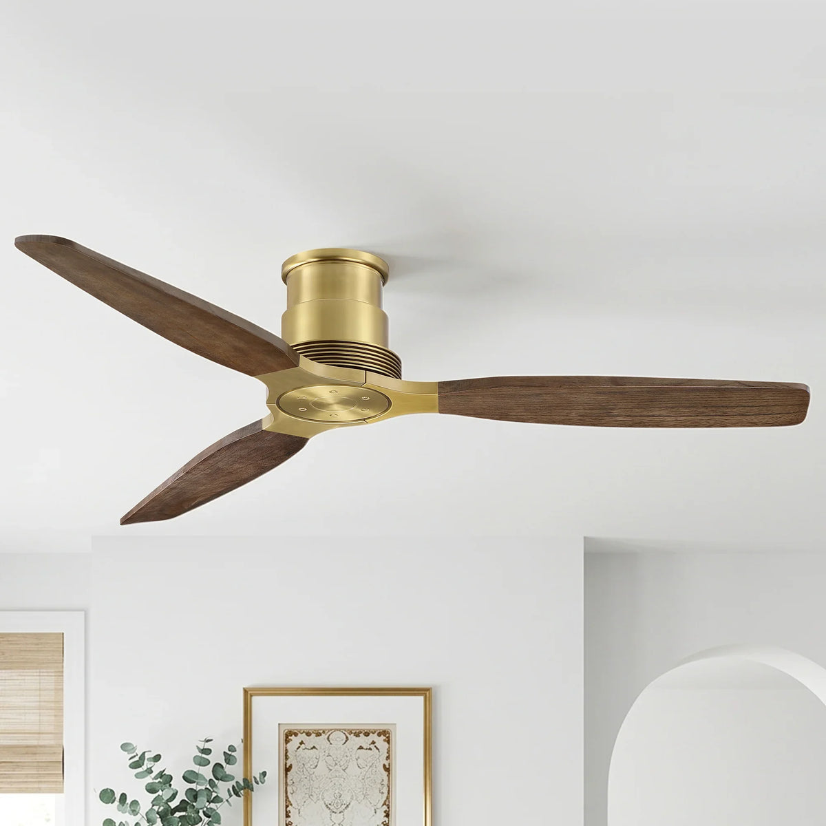 56" Soft Brass Solid Wood Blades Flush Mount Ceiling Fan