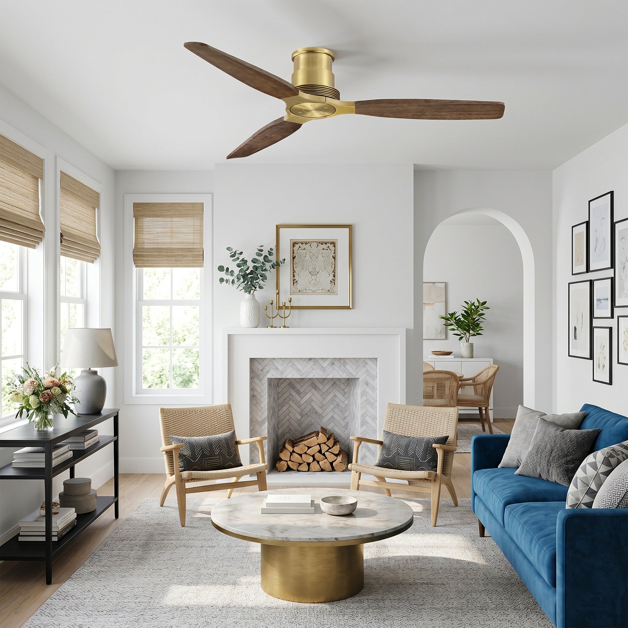 56" Soft Brass Solid Wood Blades Flush Mount Ceiling Fan