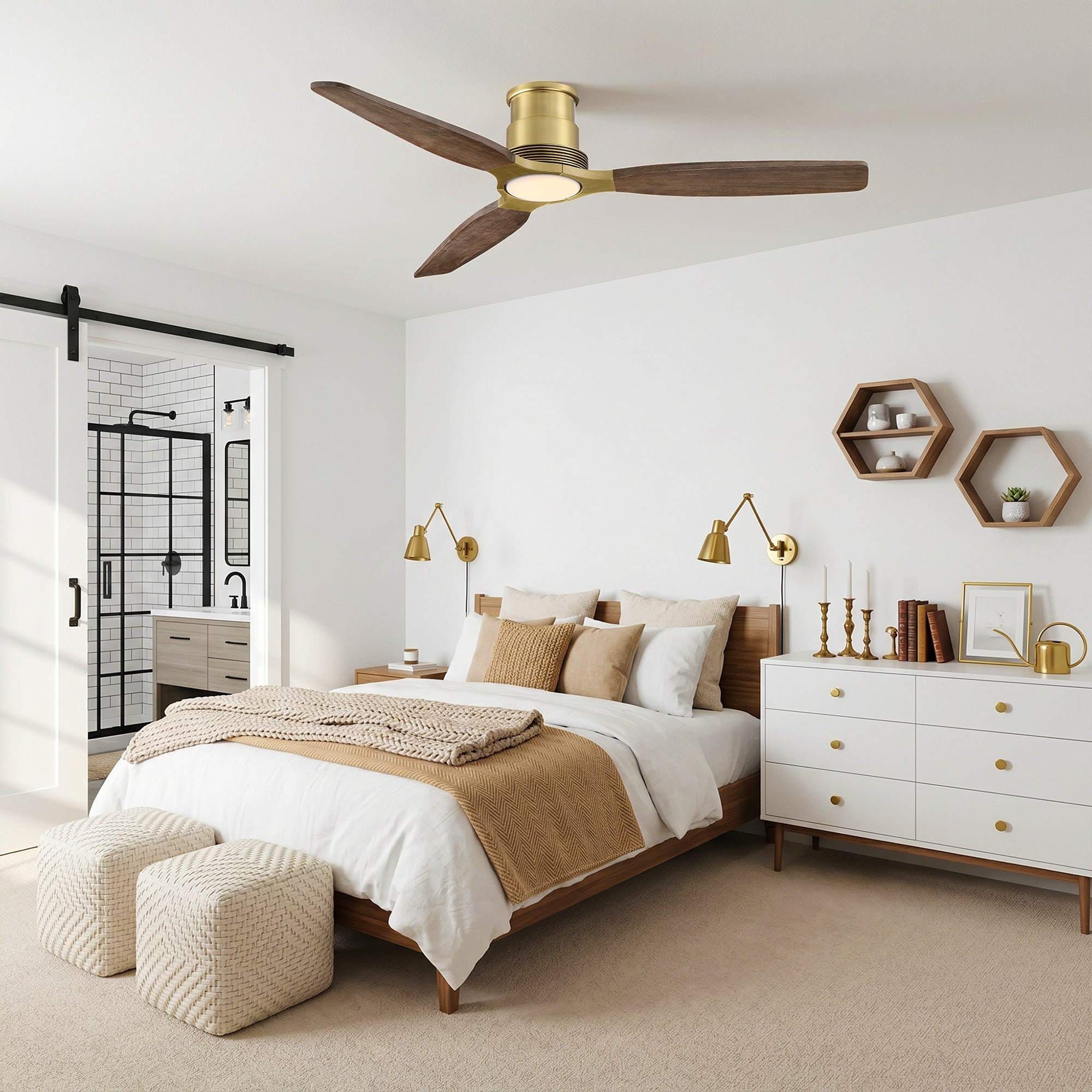 56" Soft Brass Solid Wood Blades Flush Mount Ceiling Fan