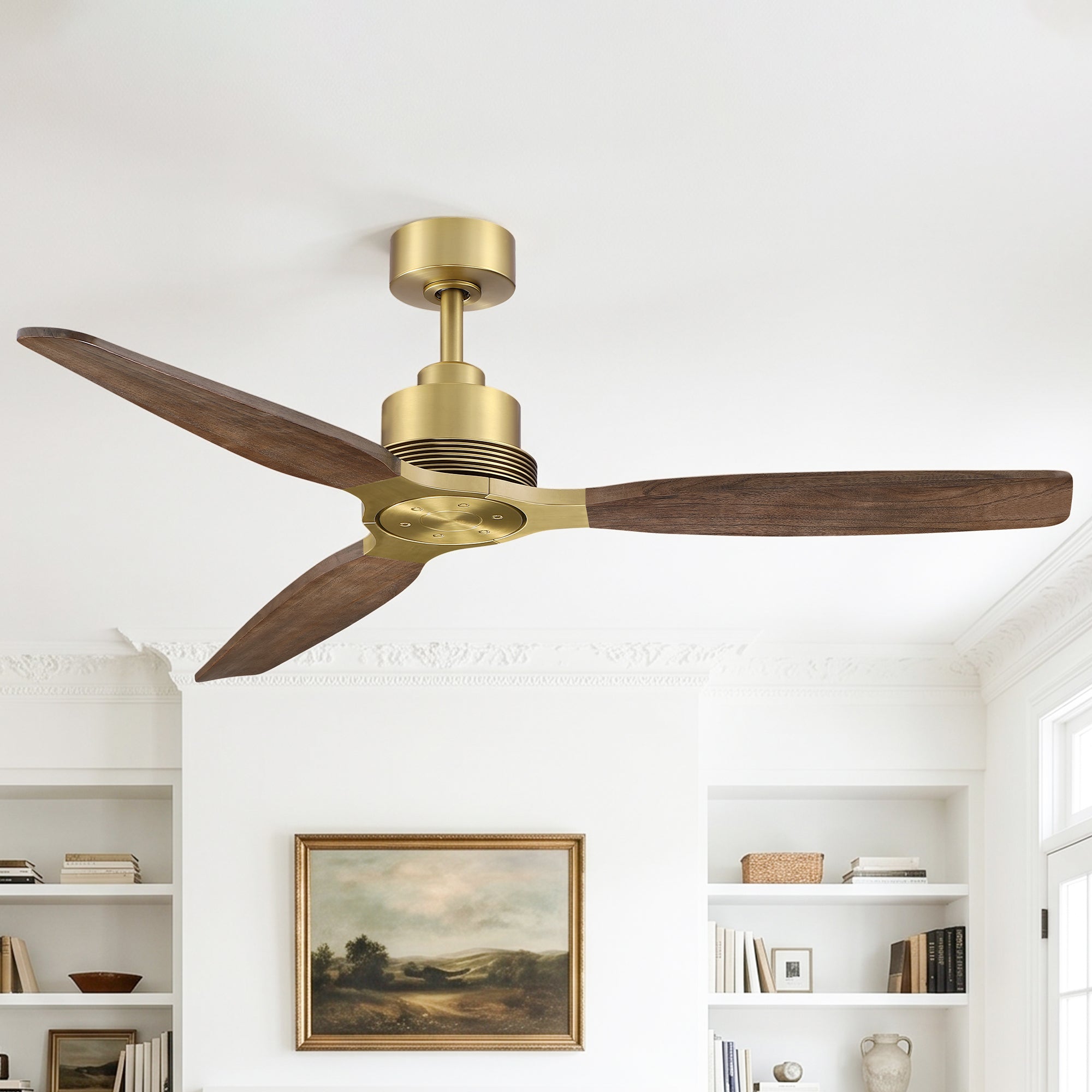 56" Soft Brass Solid Wood Blades Downrod Mount Ceiling Fan