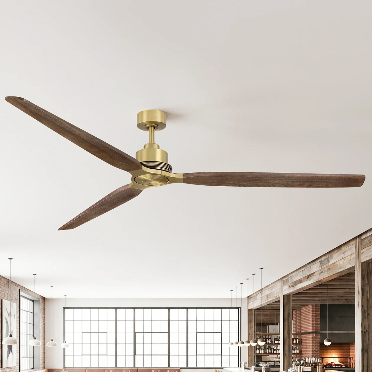 84" Soft Brass Solid Wood Blades Downrod Mount Large Ceiling Fan