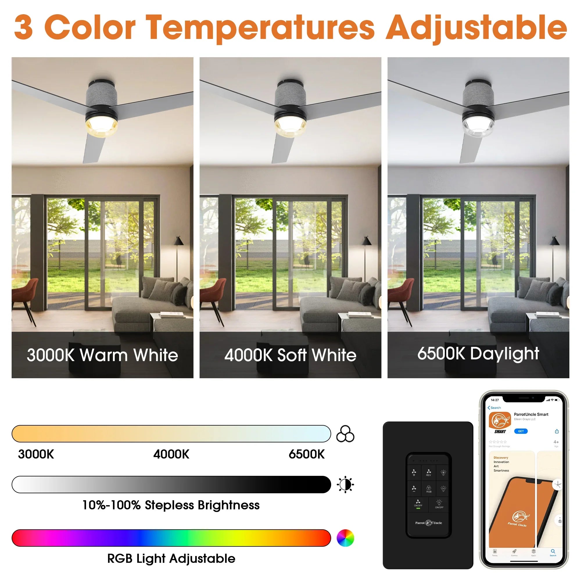 52 Inch Pearl Black RGB LED Smart Fan with Remote and App Control