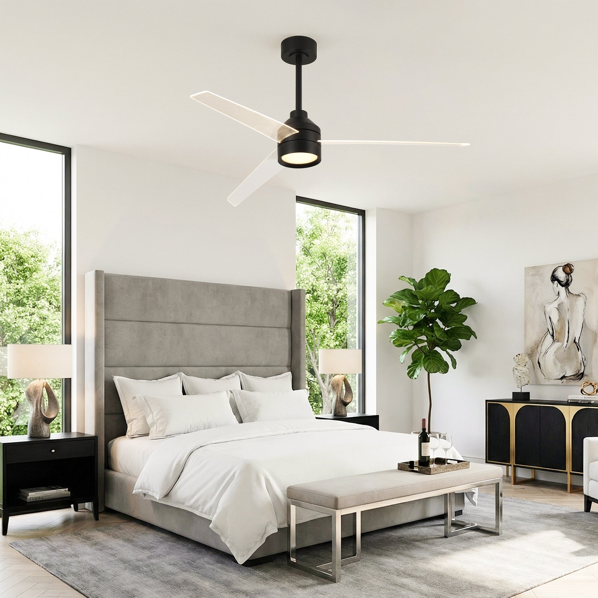 55" Xenia Black Downrod Mount LED Ceiling Fan with Clear Blades