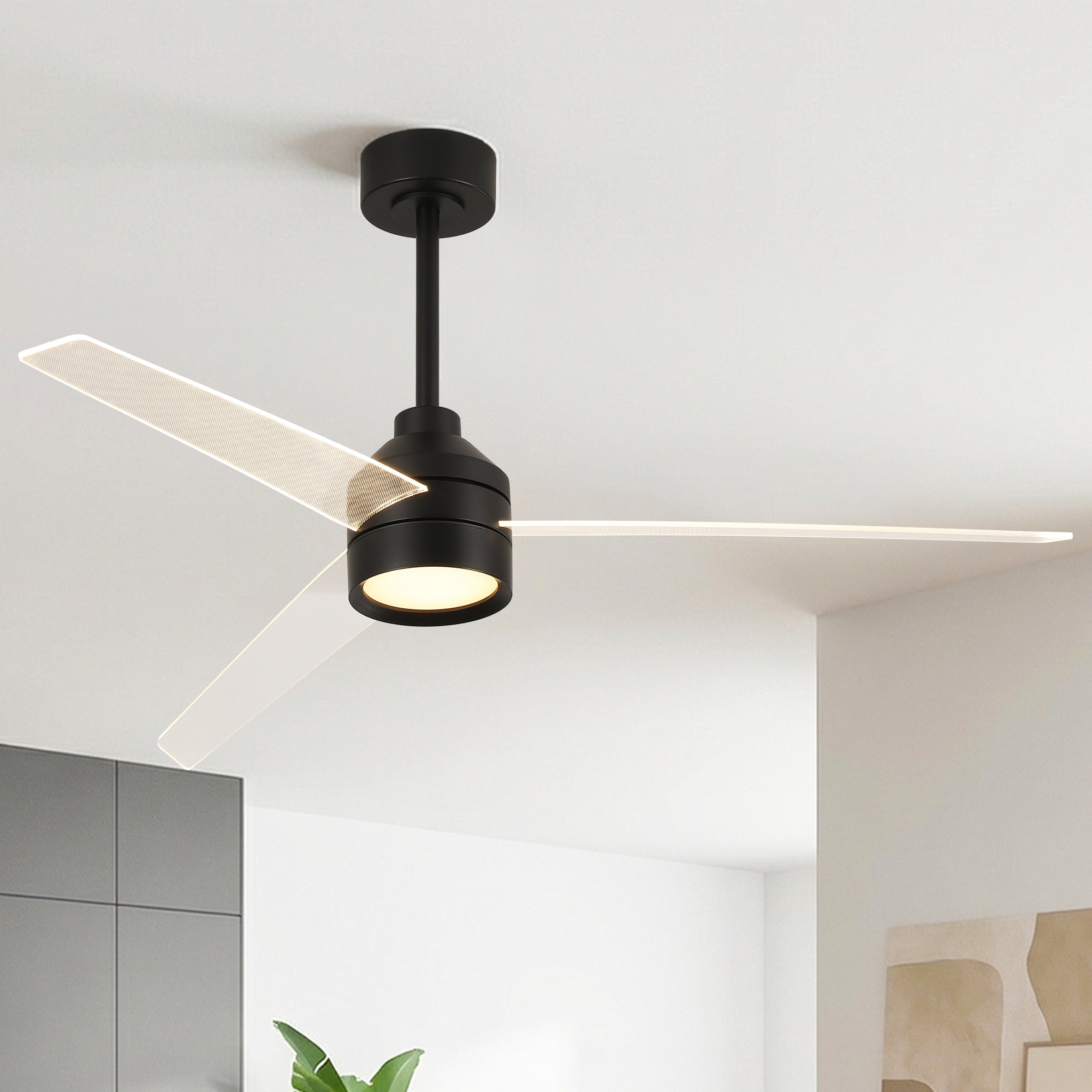 55" Xenia Black Downrod Mount LED Ceiling Fan with Clear Blades