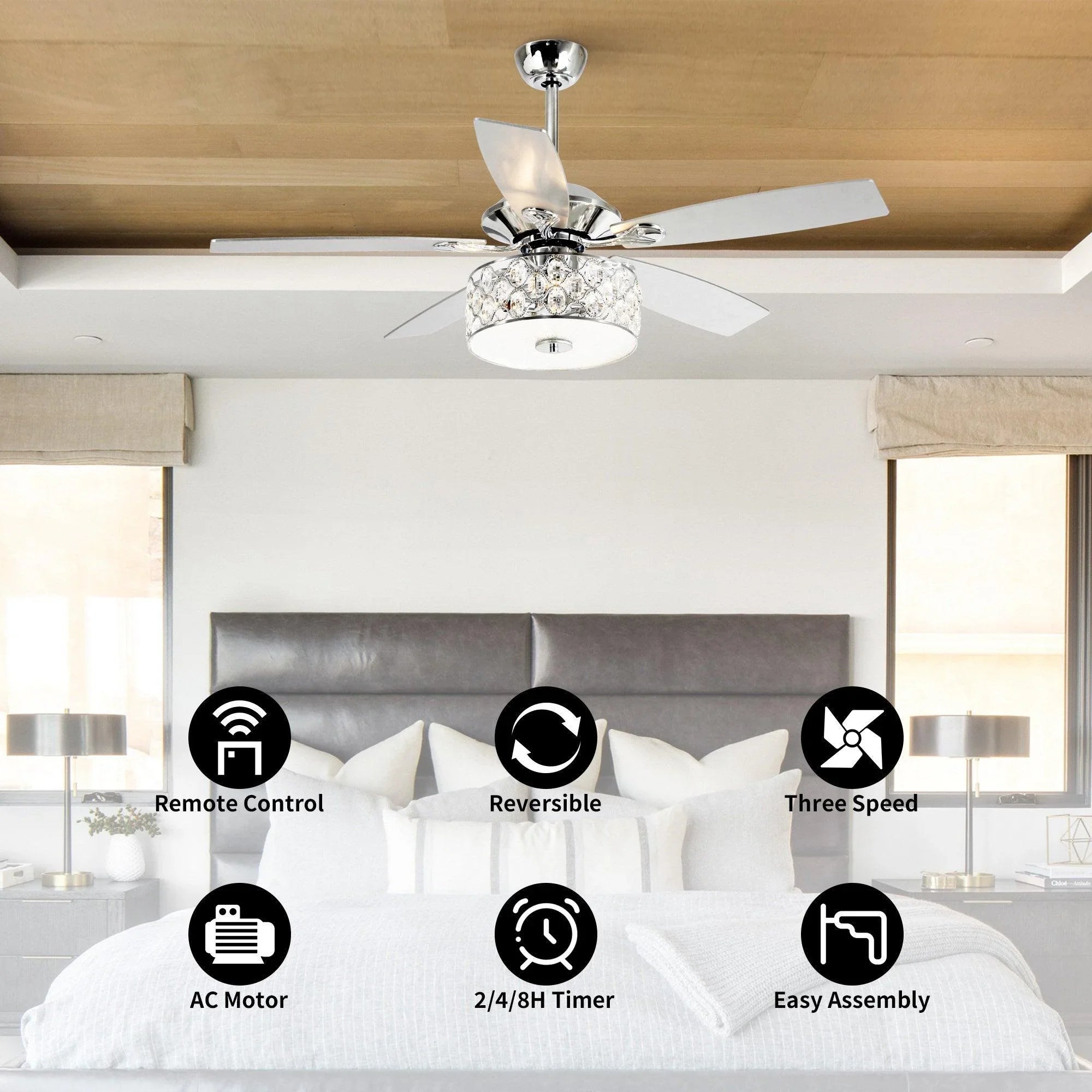52" Tibuh Modern Crystal Chandelier Ceiling Fan with Led Light And Remote Control 5 Blades Chrome