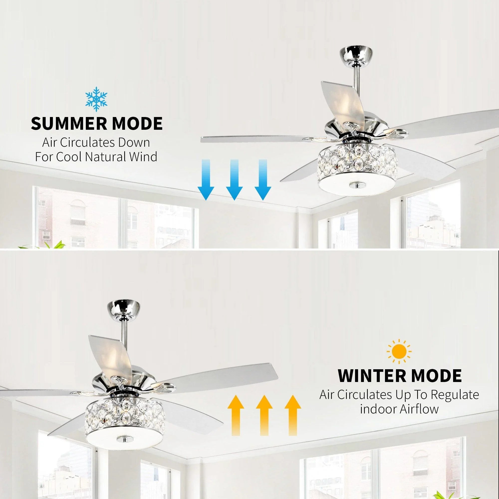 52" Tibuh Modern Crystal Chandelier Ceiling Fan with Led Light And Remote Control 5 Blades Chrome