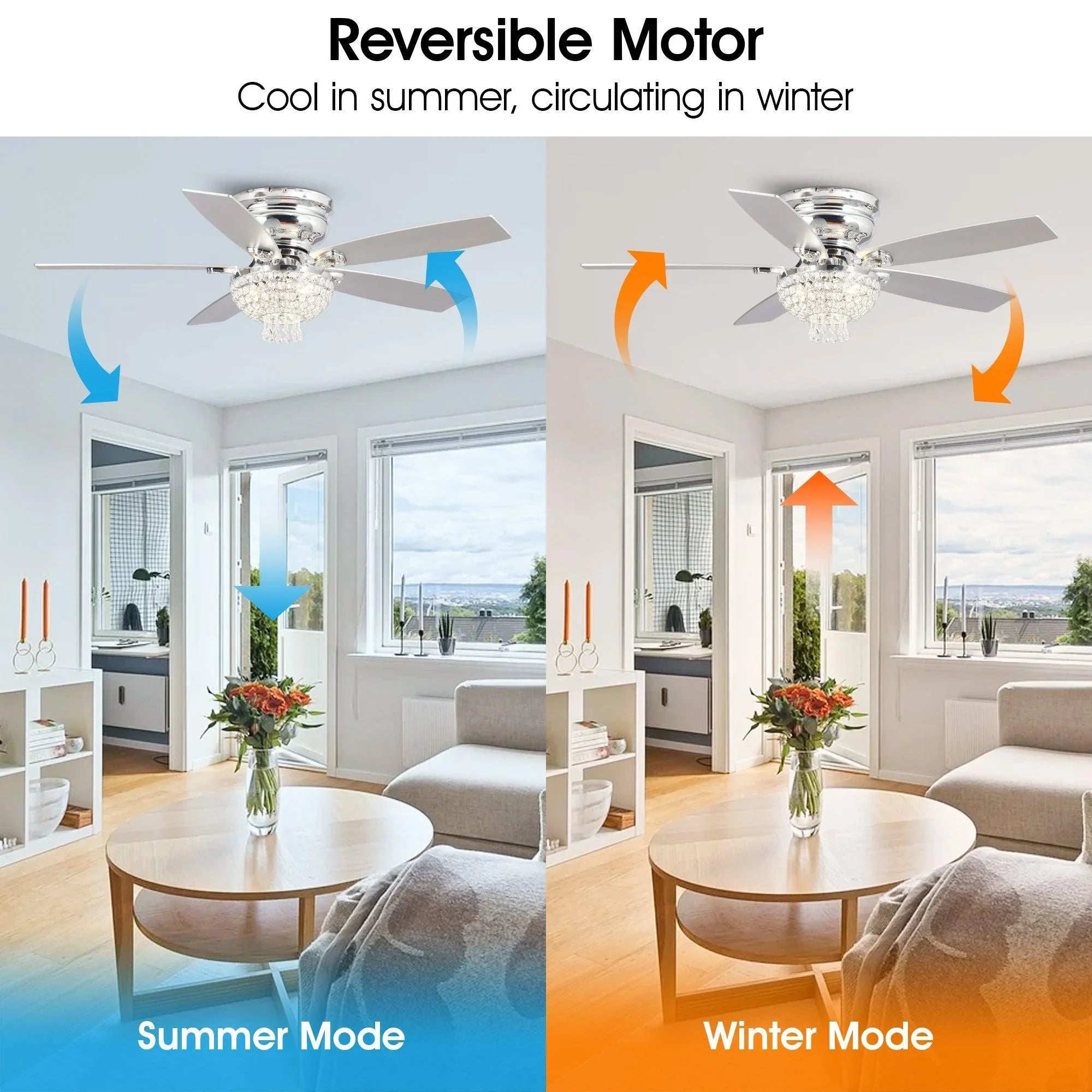 52" Modern Chrome Flush Mount Reversible Crystal Ceiling Fan with Lighting and Remote Control