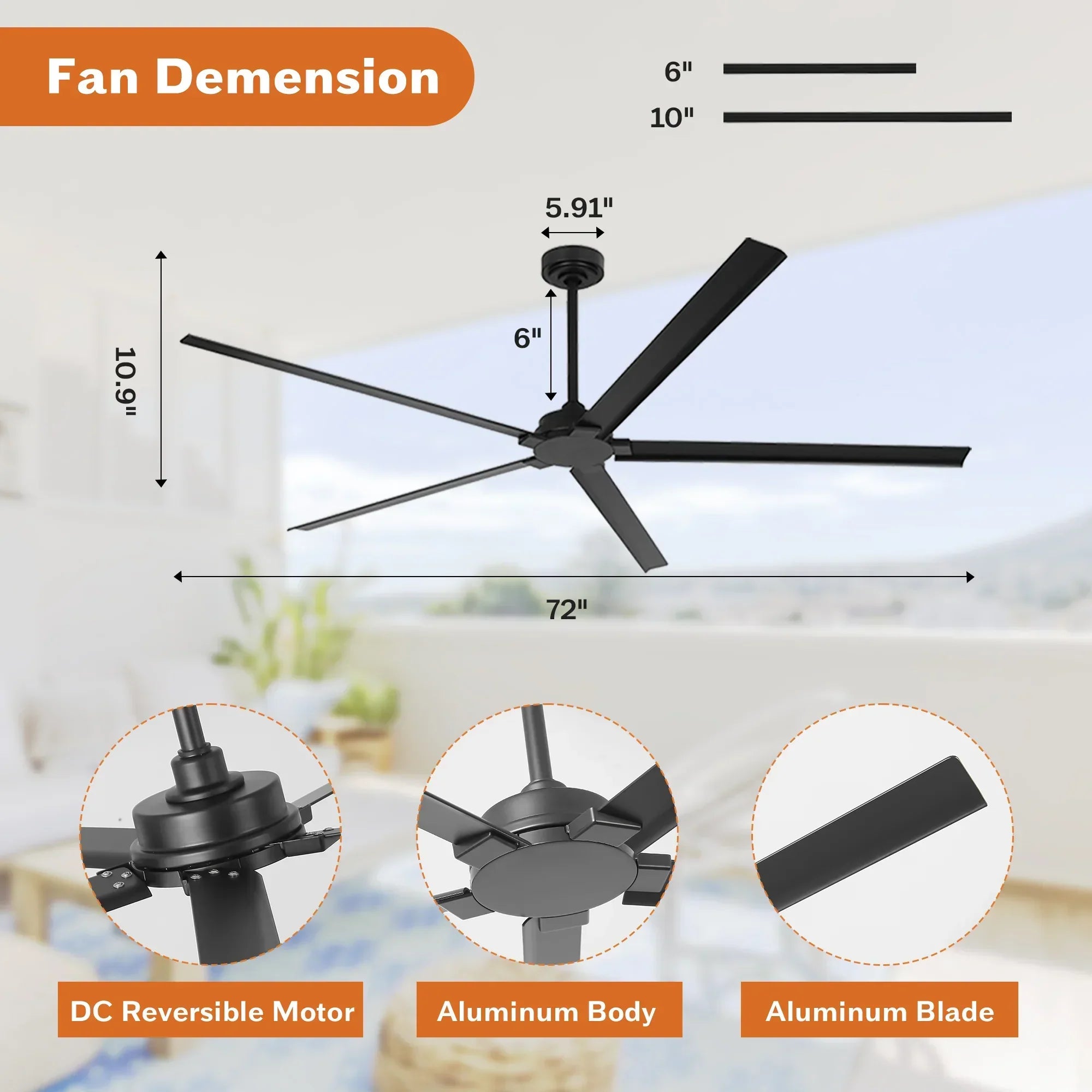 72 Inch 84 Inch Winni IPX4 Outdoor Downrod Mount Ceiling Fan with Remote Control
