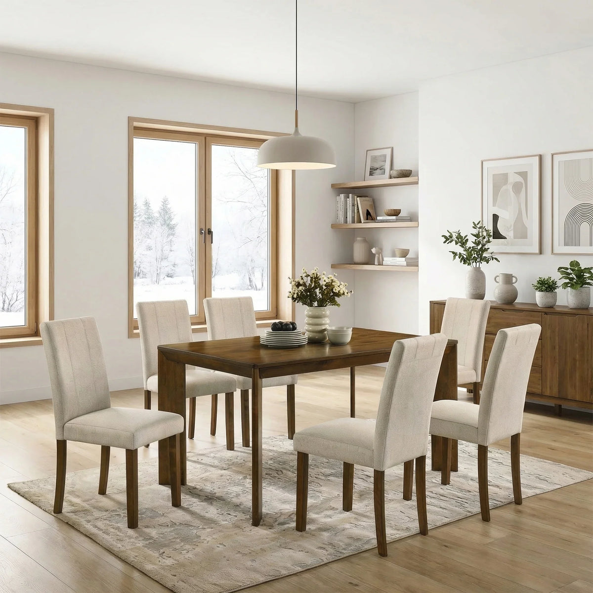 Paolino 7-Piece Antique Brown Rectangle Dining Table Set with 6 Side Chairs