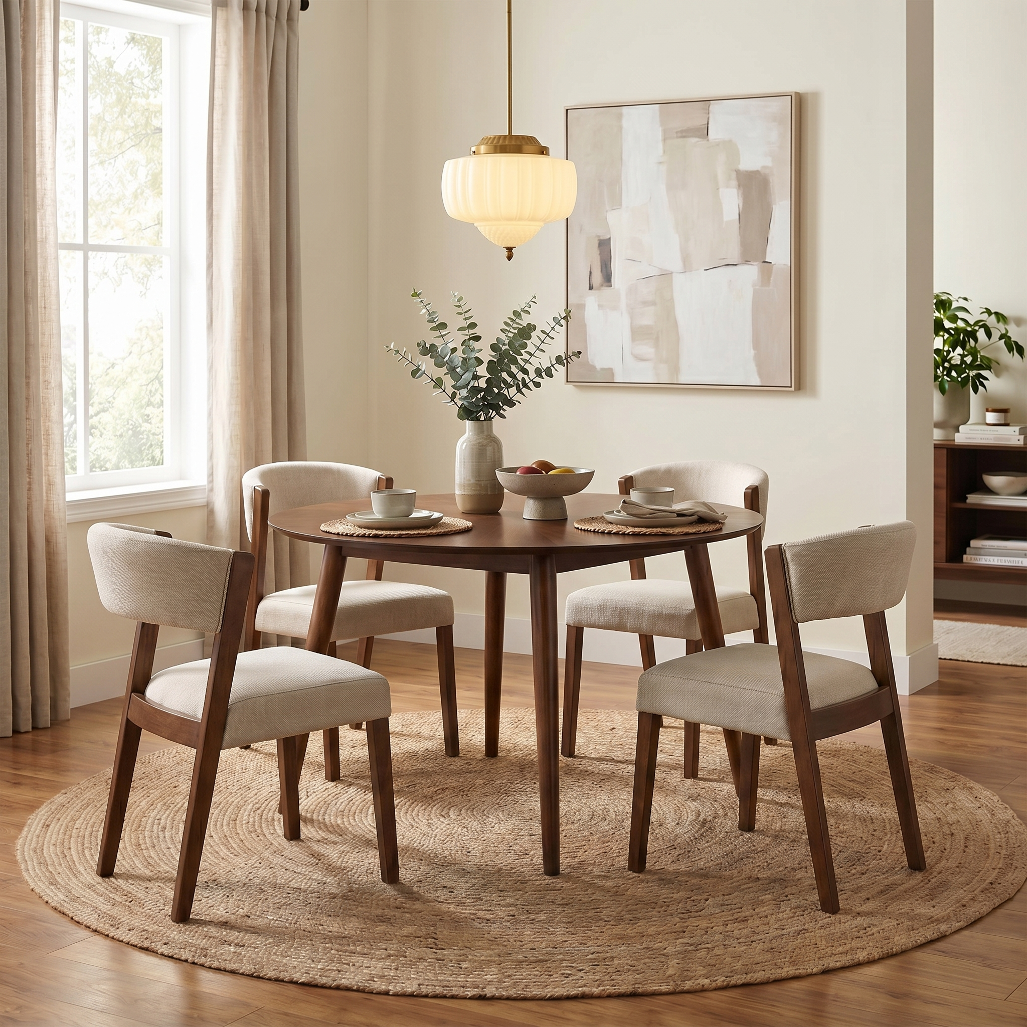 Raissa 5-Piece Walnut Round Wooden Dining Table with 4 Side Chairs