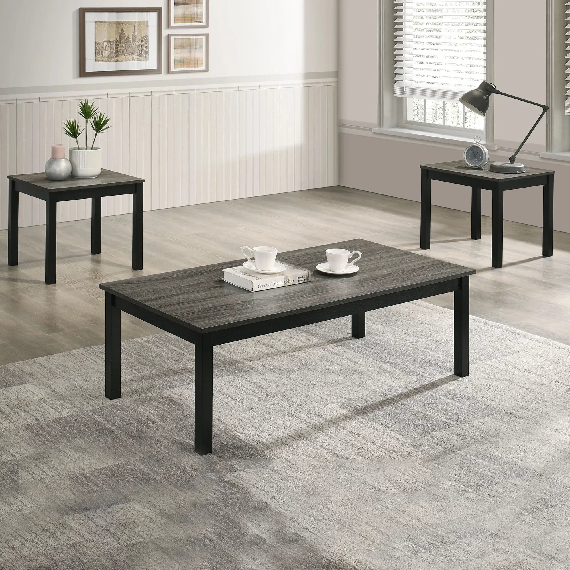 Findlay 3-Piece 47.5 in. Rectangle Faux Marble Top Coffee Table Set with Solid Wood Legs