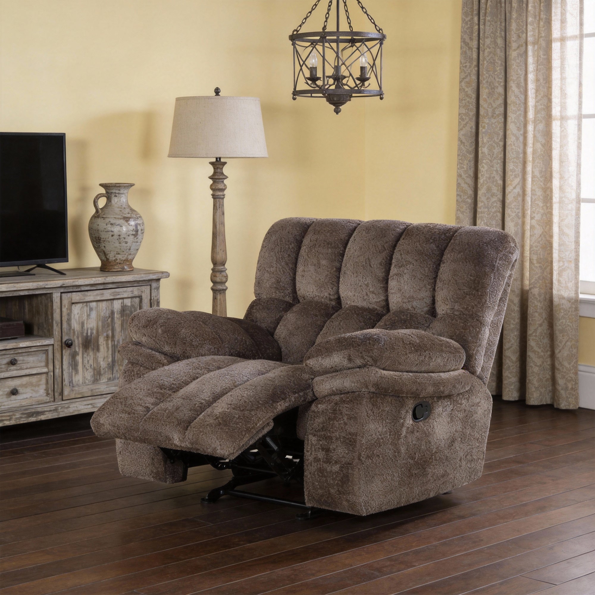 43 Inch Leather Manual Glider Recliner with Biscuit-Padded Seats & Back