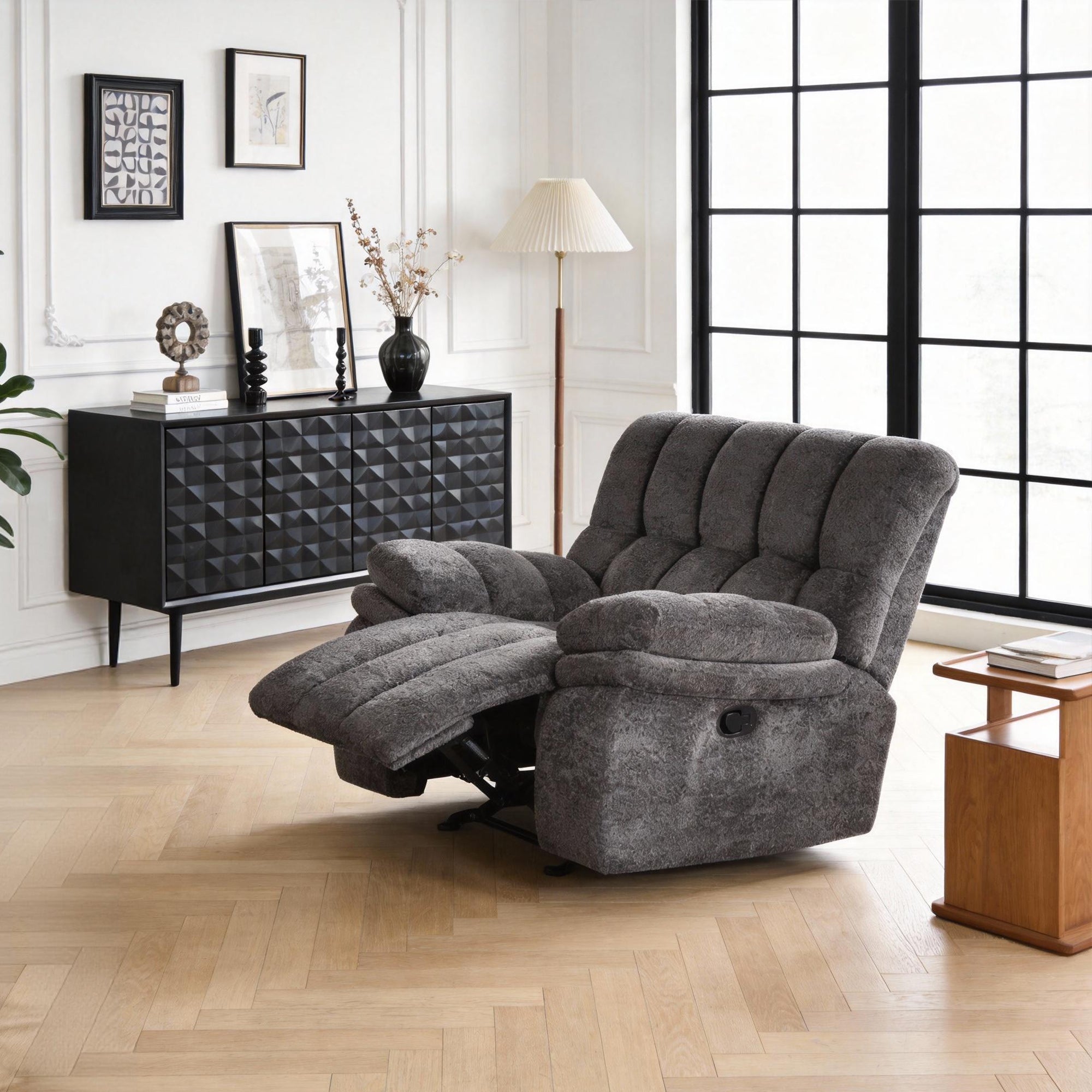 43 Inch Leather Manual Glider Recliner with Biscuit-Padded Seats & Back