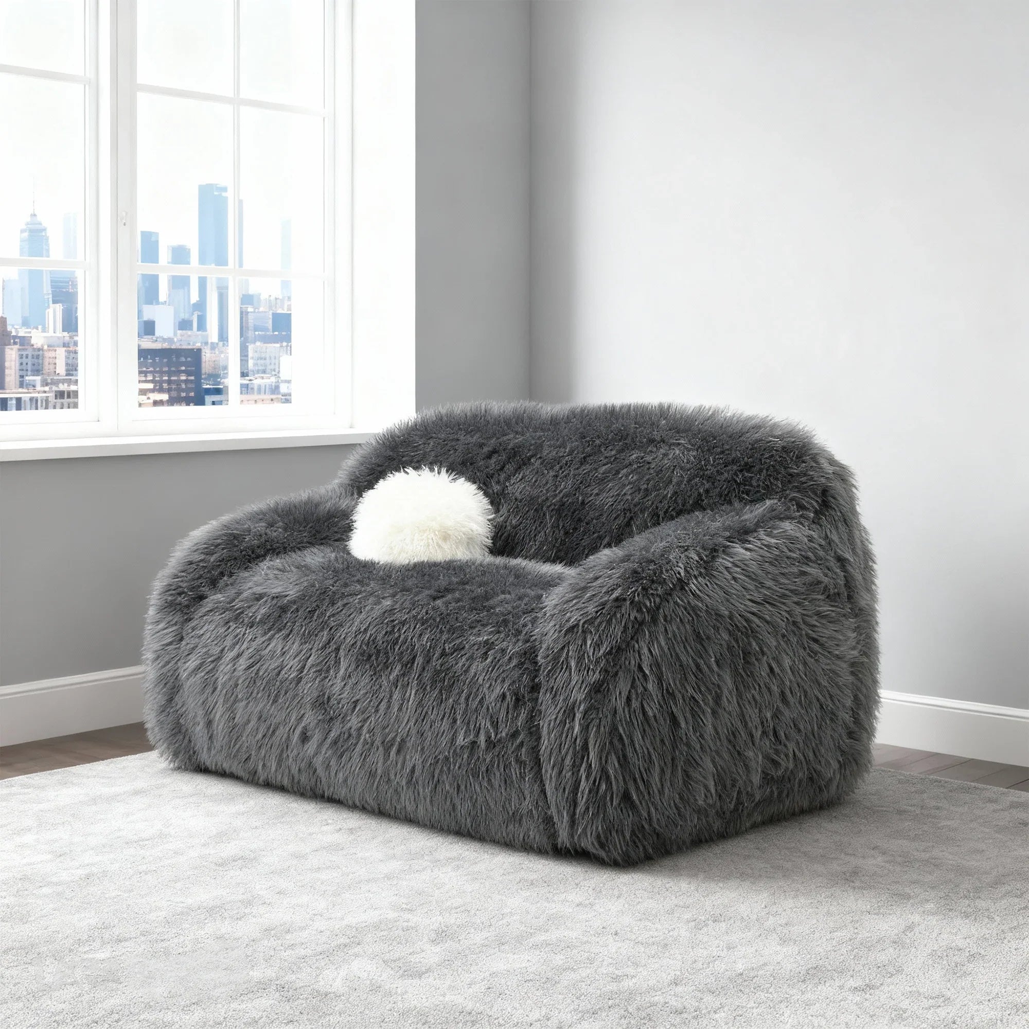 66 Inch Darwen Modern Faux Fur Loveseat with Ball Pillow