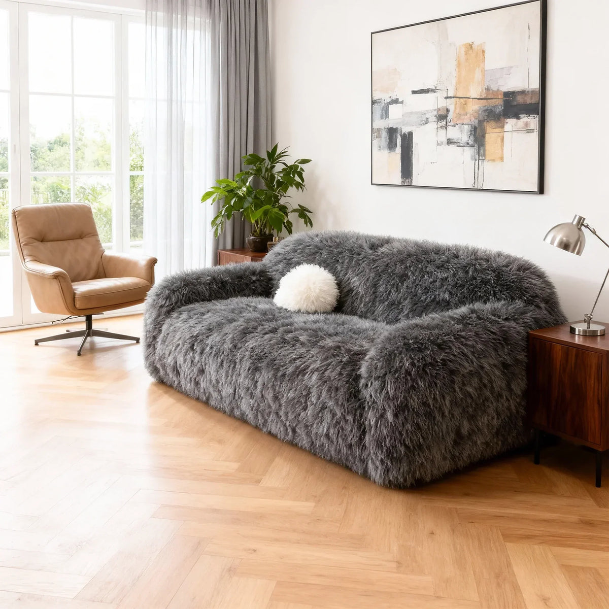 84 Inch Darwen Modern Faux Fur Sofa with Ball Pillow for Living Room