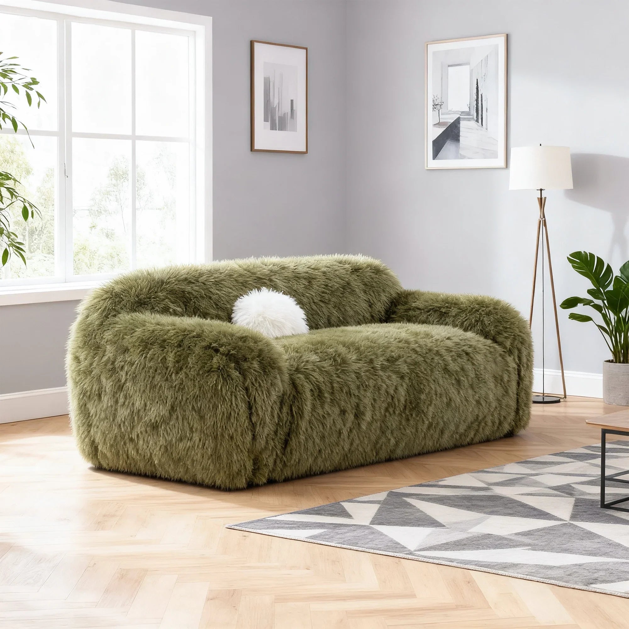 66 Inch Darwen Modern Faux Fur Loveseat with Ball Pillow