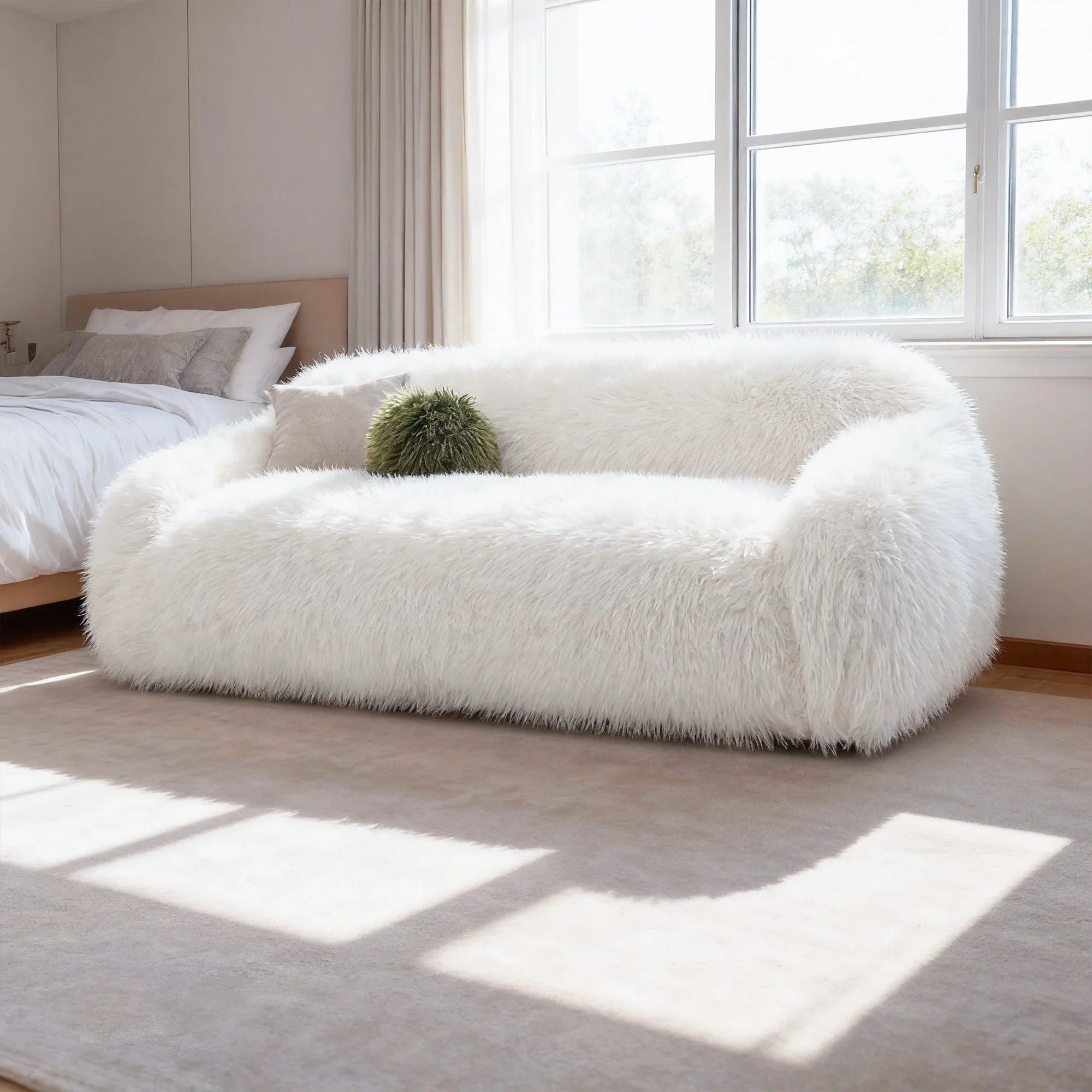 84 Inch Darwen Modern Faux Fur Sofa with Ball Pillow for Living Room