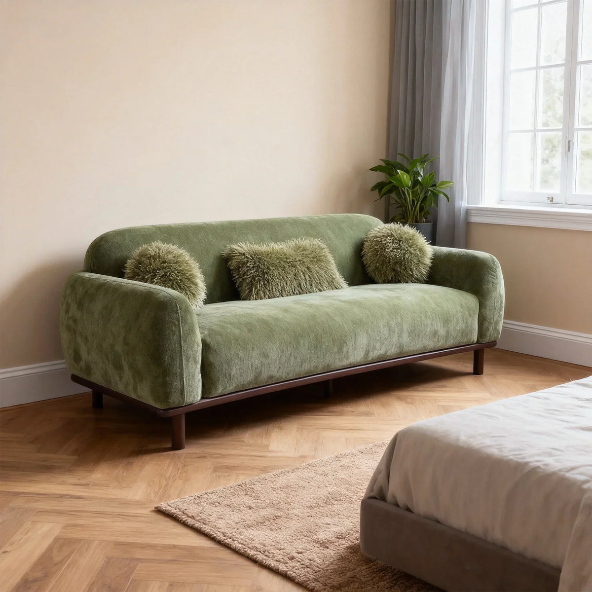 Mellone 84" Mid-Century Modern Chenille Sofa with 3 Pillows