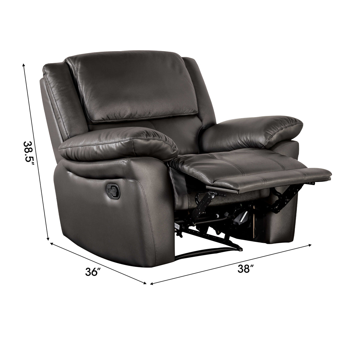 38 Inch Leather Recliner Chair with Pillow Top Arms for Living Room