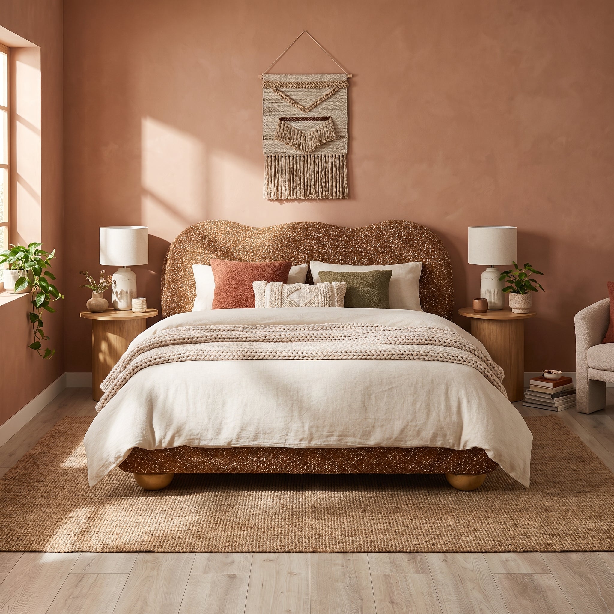 Finamore E.King & Queen Frame Platform Bed with Round Bun Wood Feet