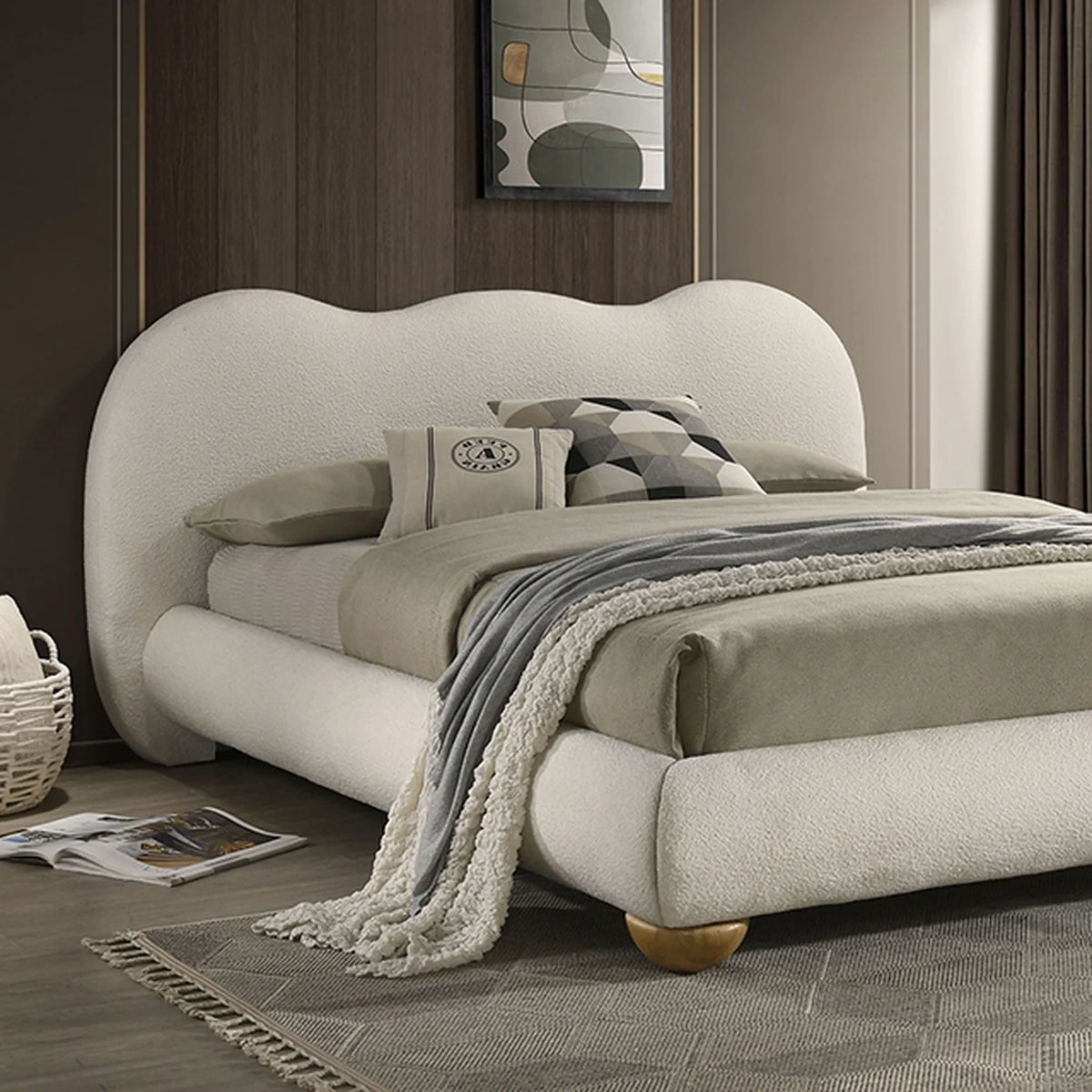 Finamore E.King & Queen Frame Platform Bed with Round Bun Wood Feet