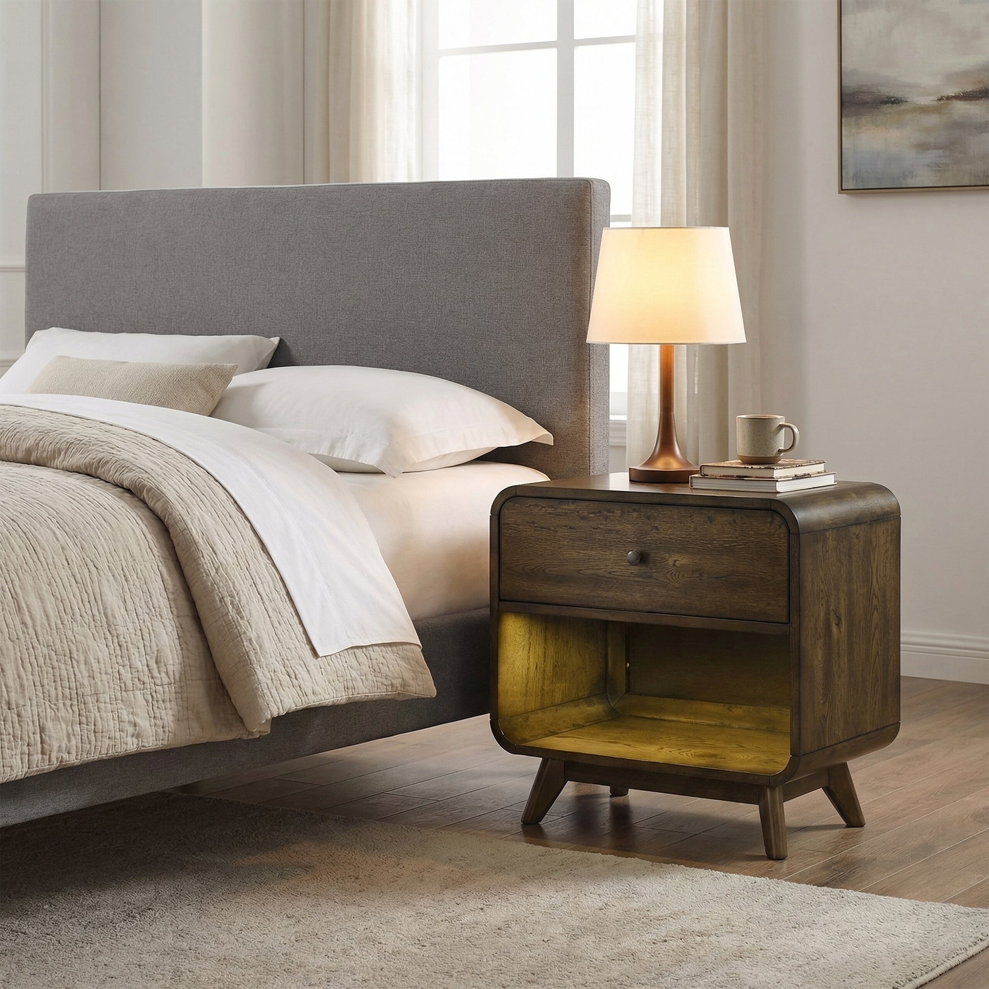 27 Inch Rustic Oak 1-Drawer Nightstand with LED