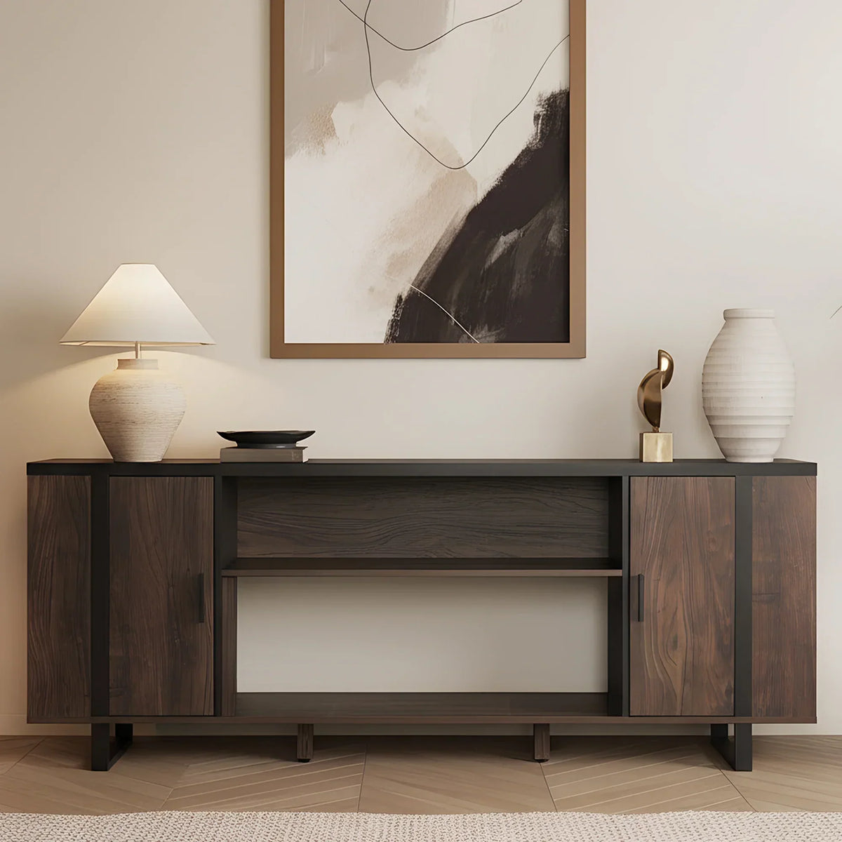 72 Inch Both Sides Open Shelves TV Stand with 36 Inch Electric Fireplace for Living Room