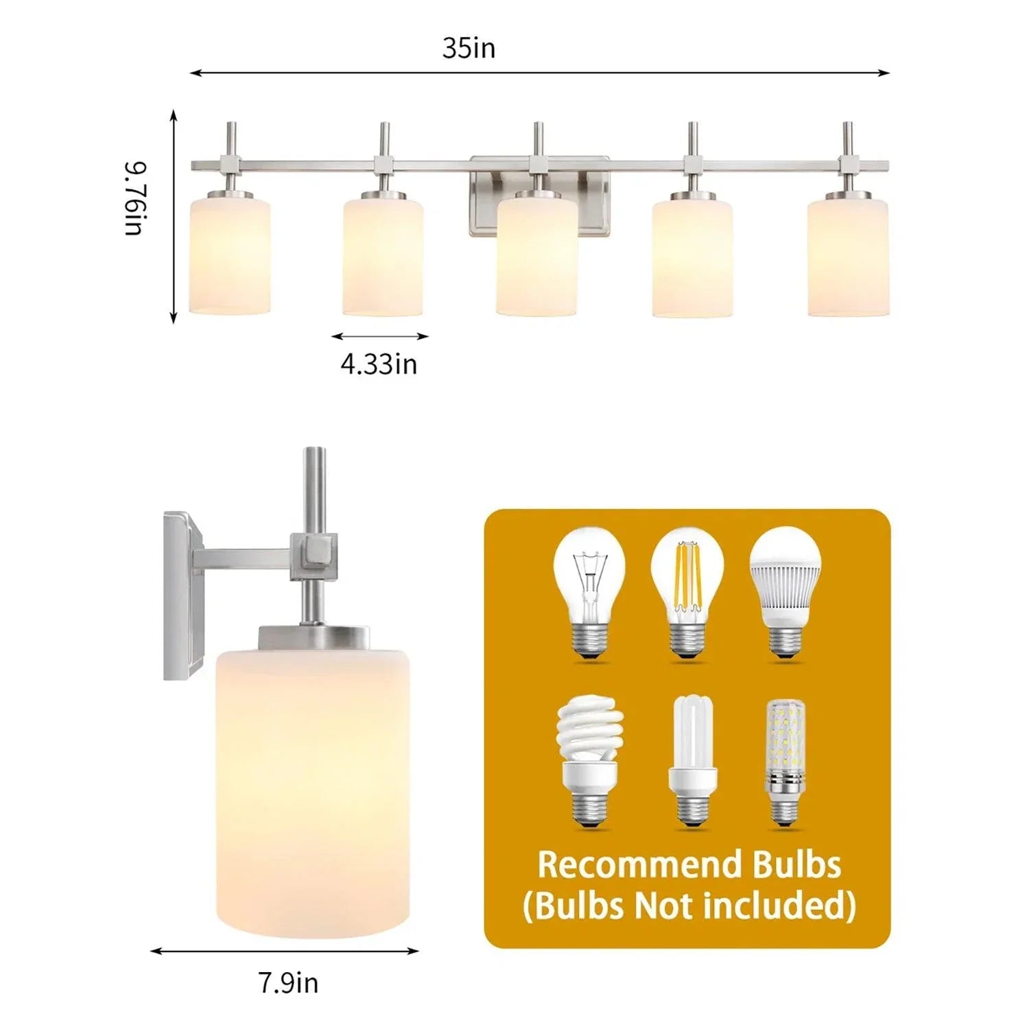 Jasper Modern Frosted Glass 5-Light Bathroom Linear Vanity Light